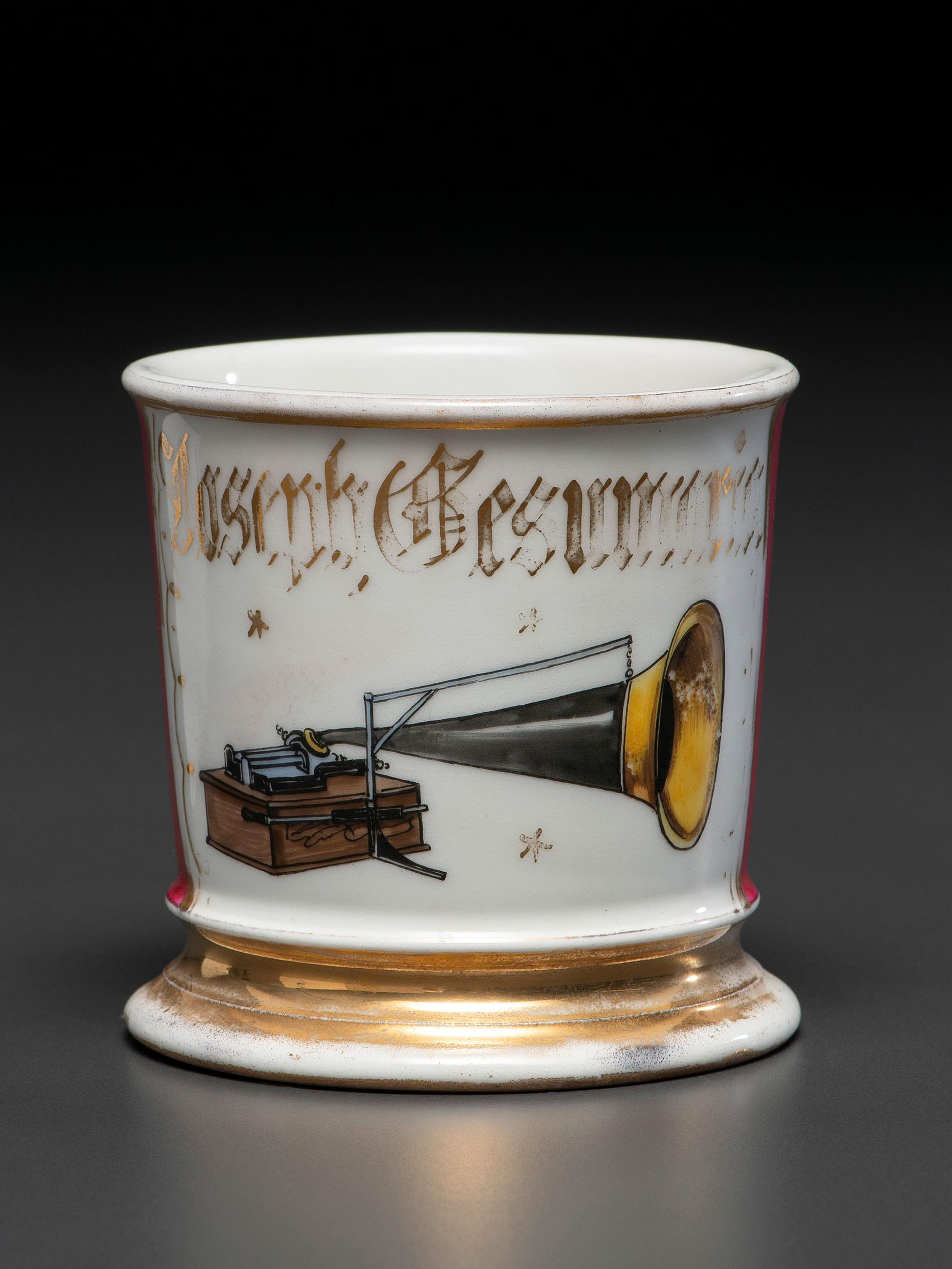 A Porcelain Shaving Mug Depicting a Cylinder Phonograph