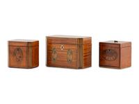 A Group of Three George III Harewood and Marquetry Tea Caddies