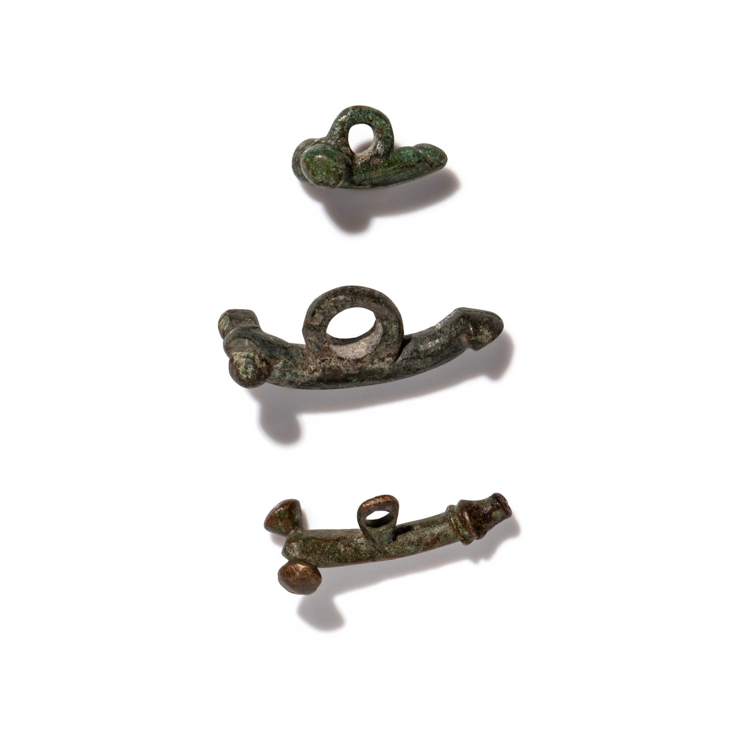 Three Roman Bronze Phallic Amulets — with an ancient gold chain