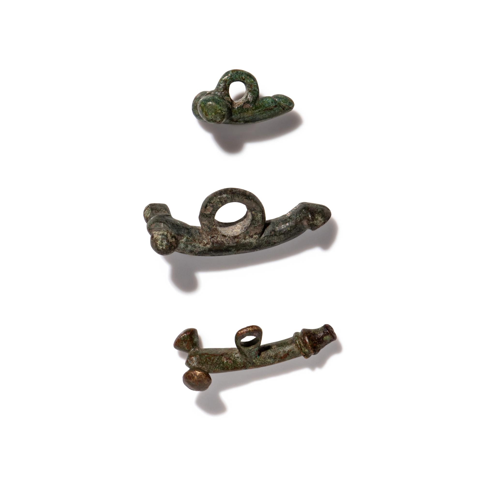 Three Roman Bronze Phallic Amulets — with an ancient gold chain
