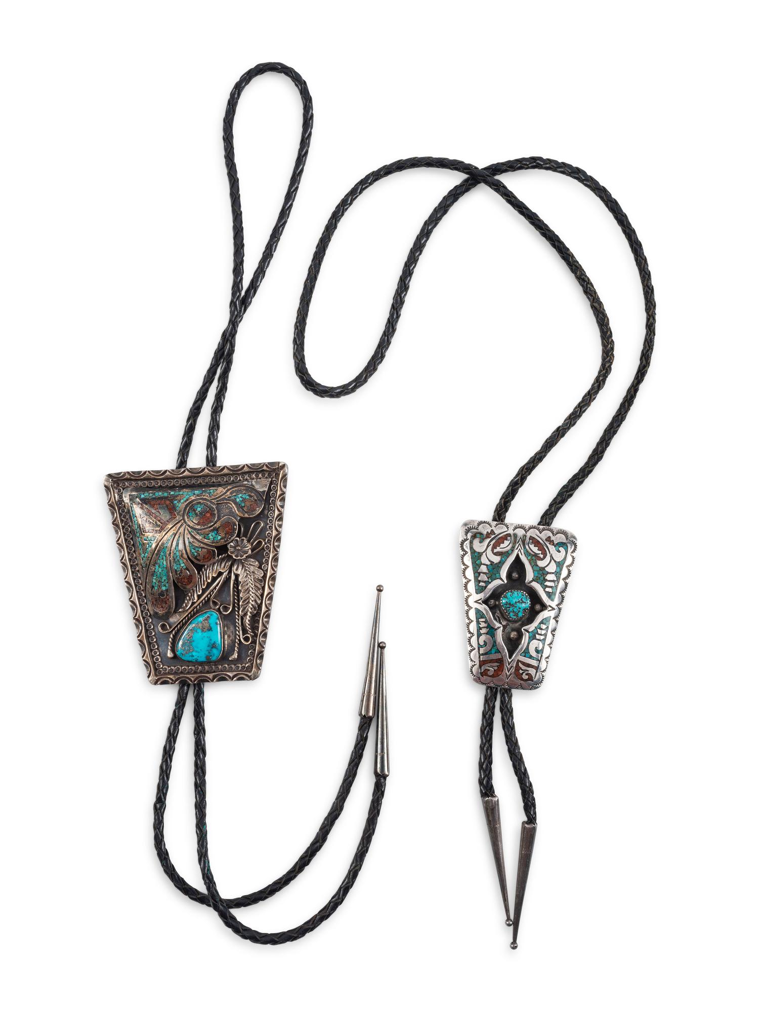 Pair of Navajo Silver Bolo Ties, with Turquoise and Coral Chip Inlay
