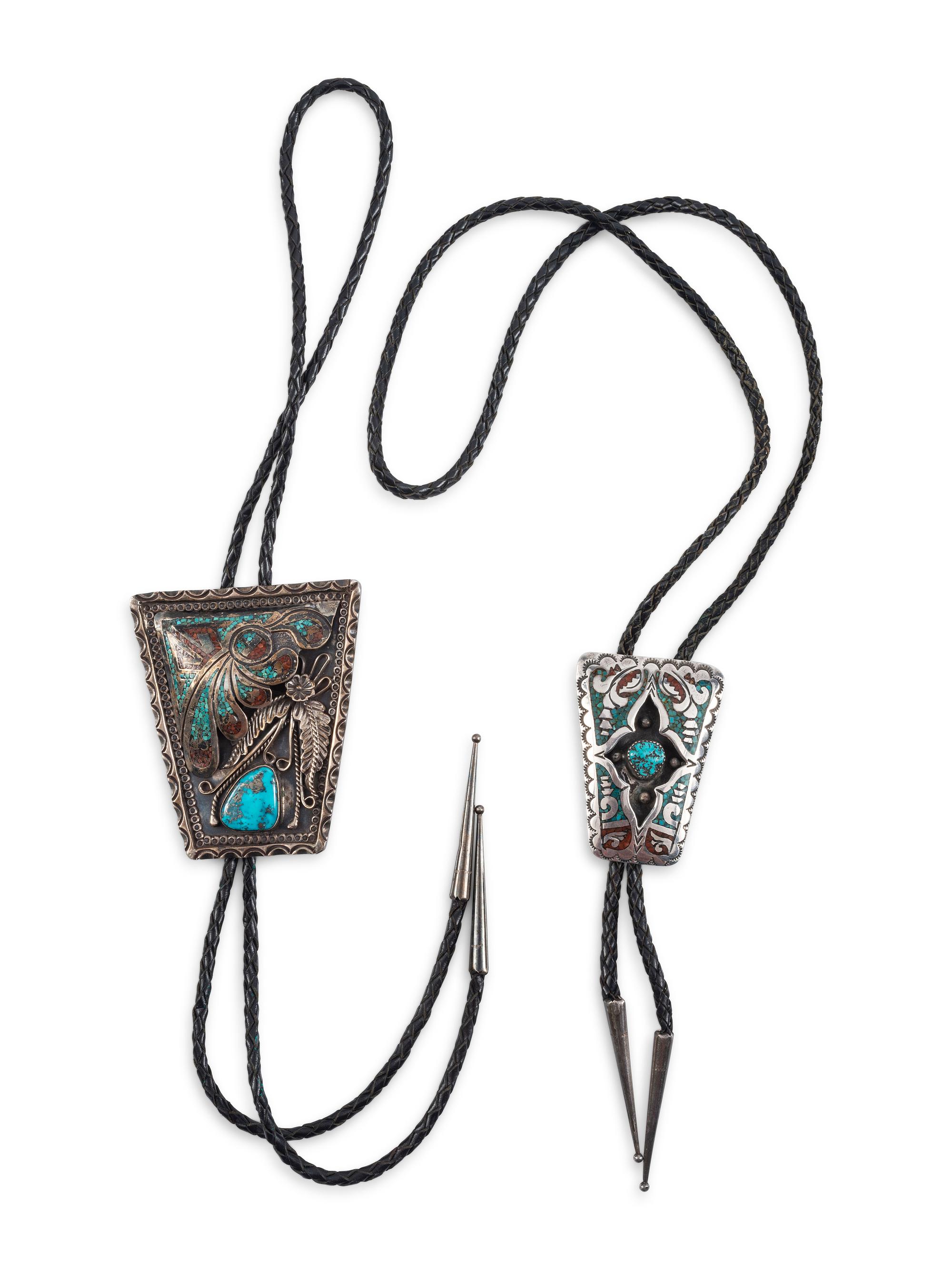 Pair of Navajo Silver Bolo Ties, with Turquoise and Coral Chip Inlay