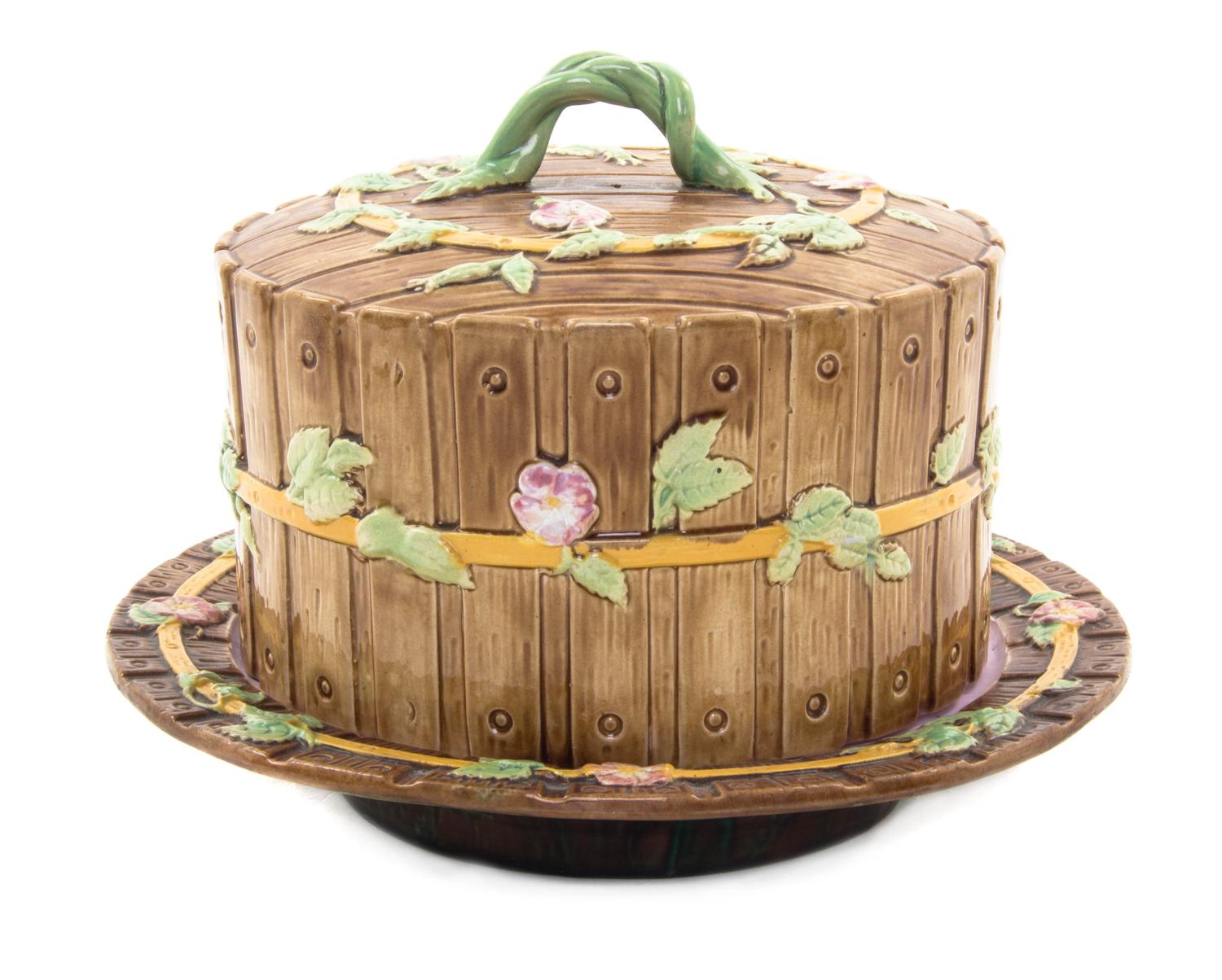 A Majolica Cheese Dome and Plate, Diameter of plate 10 1/2 inches.