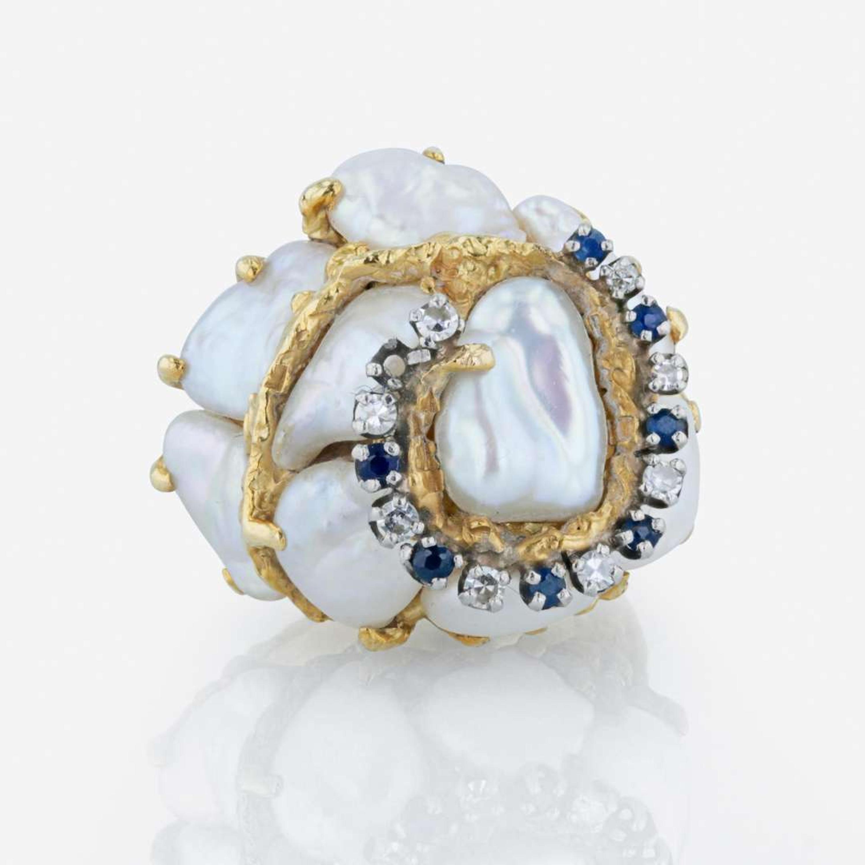 An 18K yellow gold, baroque cultured pearl, diamond, and sapphire ring