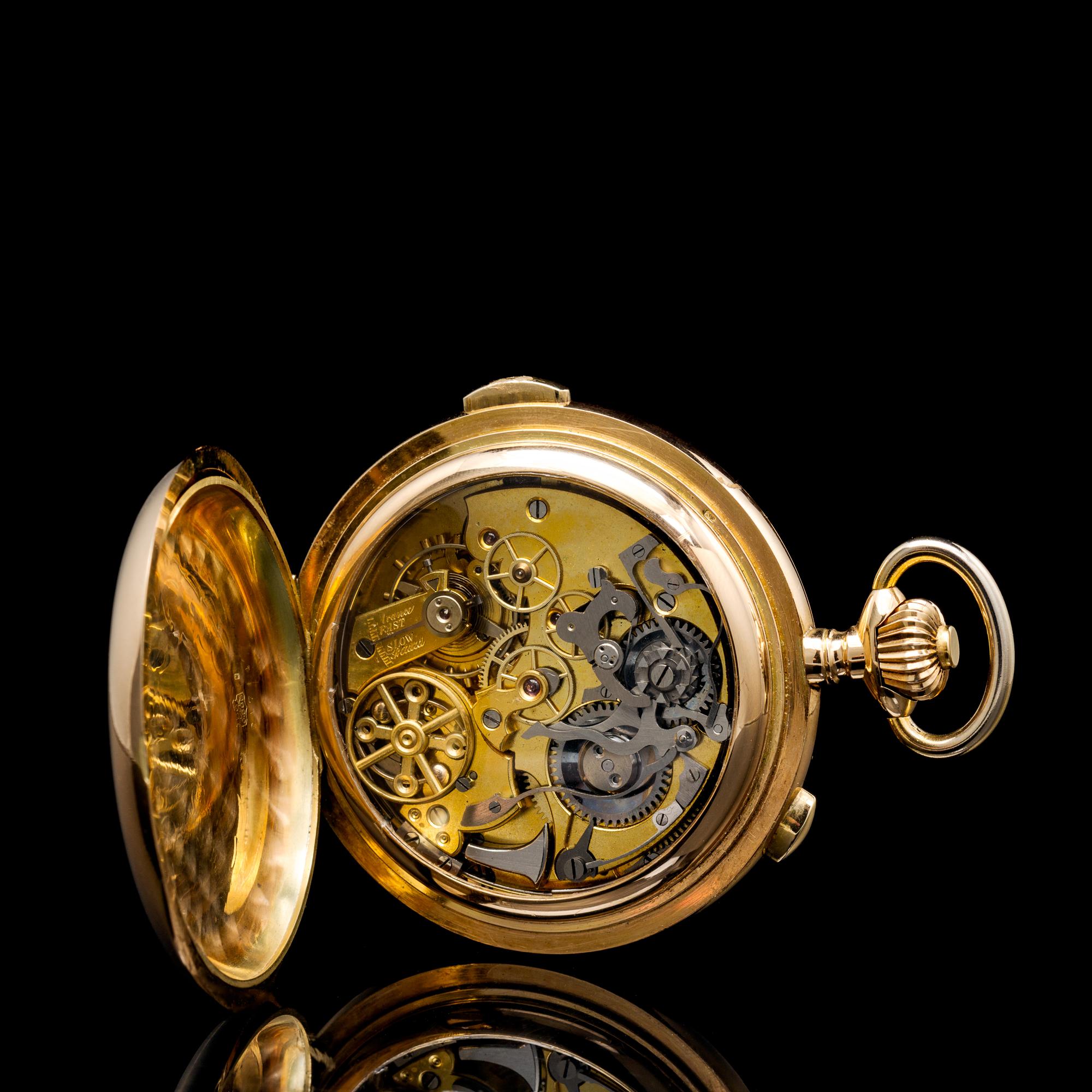 A 14 Karat Yellow Gold Hunter Case Chronograph Quarter Repeating Pocket Watch, Audemars Freres,