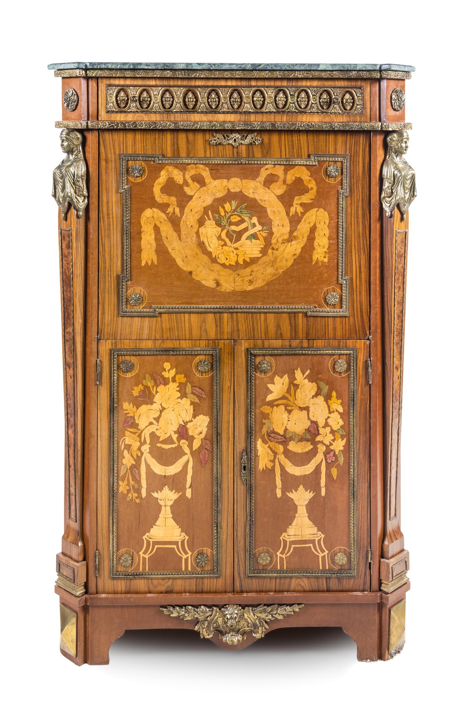 An Empire Style Marquetry Secretaire a Abattant Height 63 1/2 x width 39 1/4 x depth 18 1/2 inches. — 20TH CENTURY