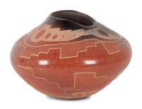 Red, Sienna, and Black Sgraffito Jar