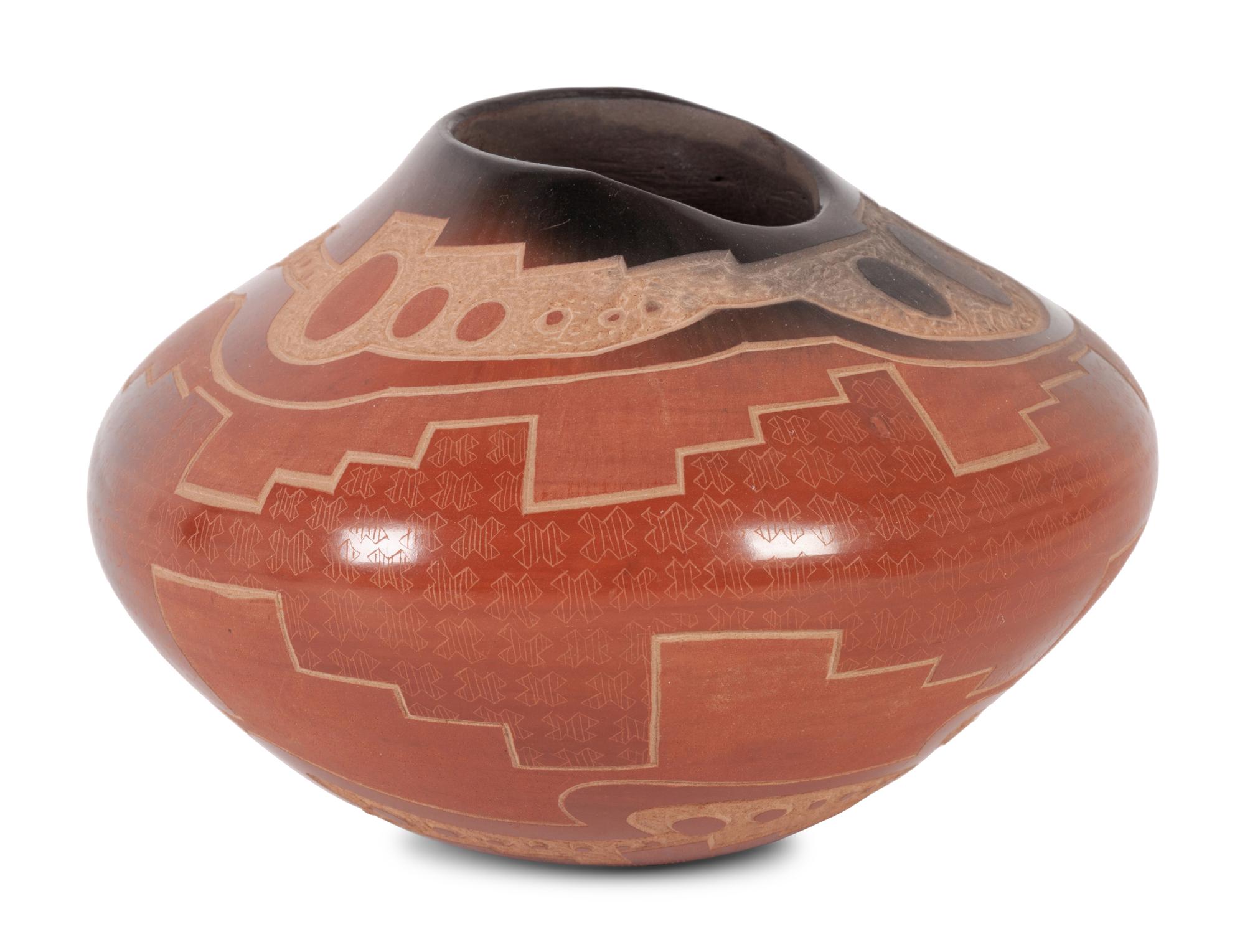 Red, Sienna, and Black Sgraffito Jar