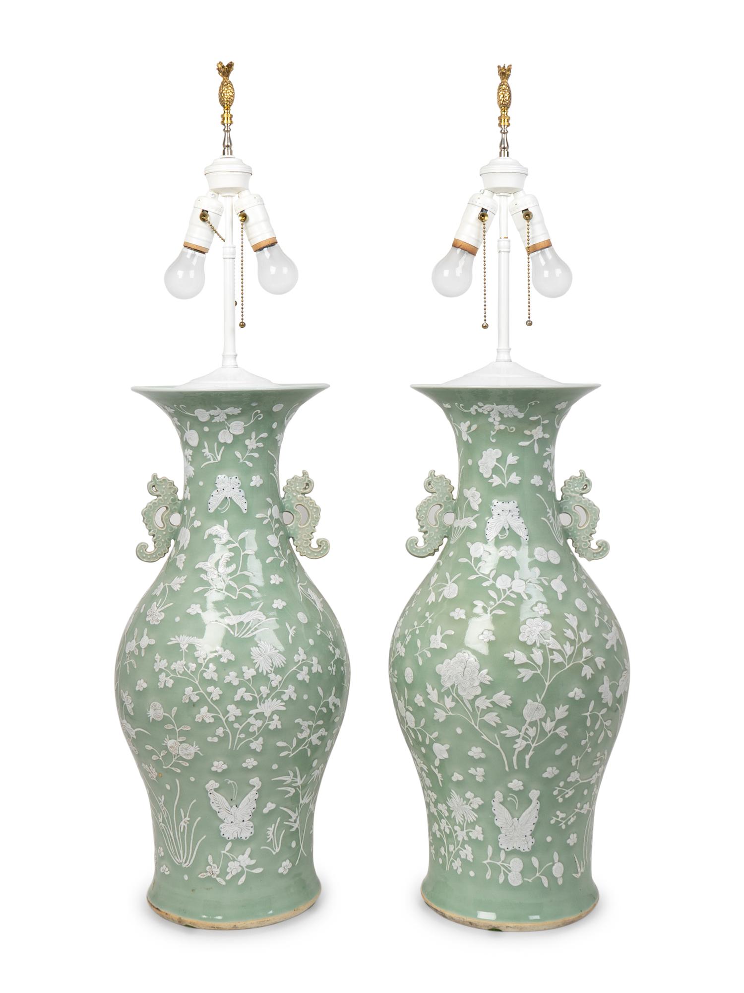A Pair of Chinese Celadon and White Glazed Baluster Vases Mounted as Lamps — 19TH CENTURY
