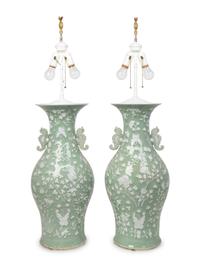 A Pair of Chinese Celadon and White Glazed Baluster Vases Mounted as Lamps — 19TH CENTURY