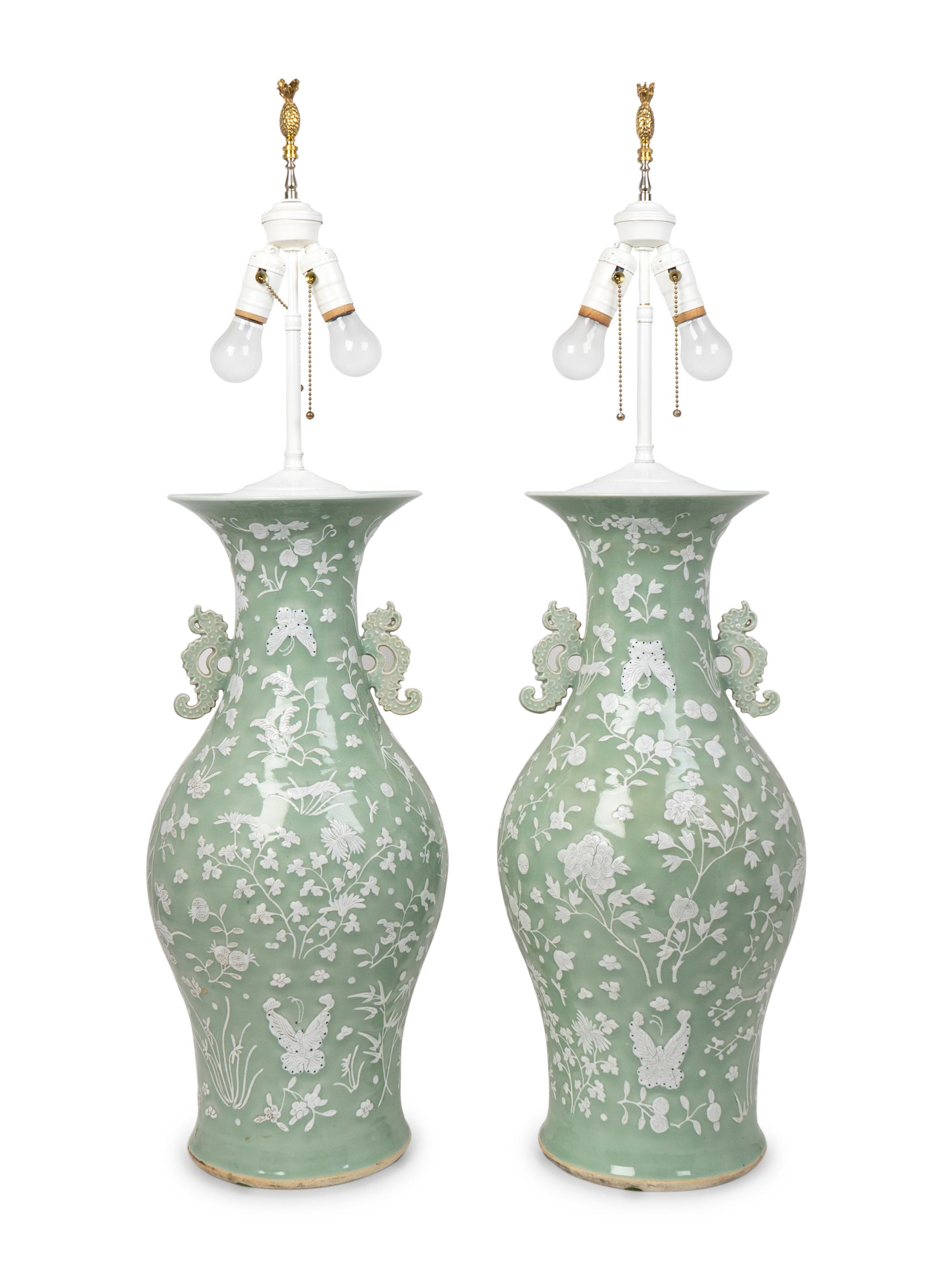 A Pair of Chinese Celadon and White Glazed Baluster Vases Mounted as Lamps — 19TH CENTURY
