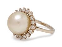 A White Gold, Cultured Pearl and Diamond Ring,