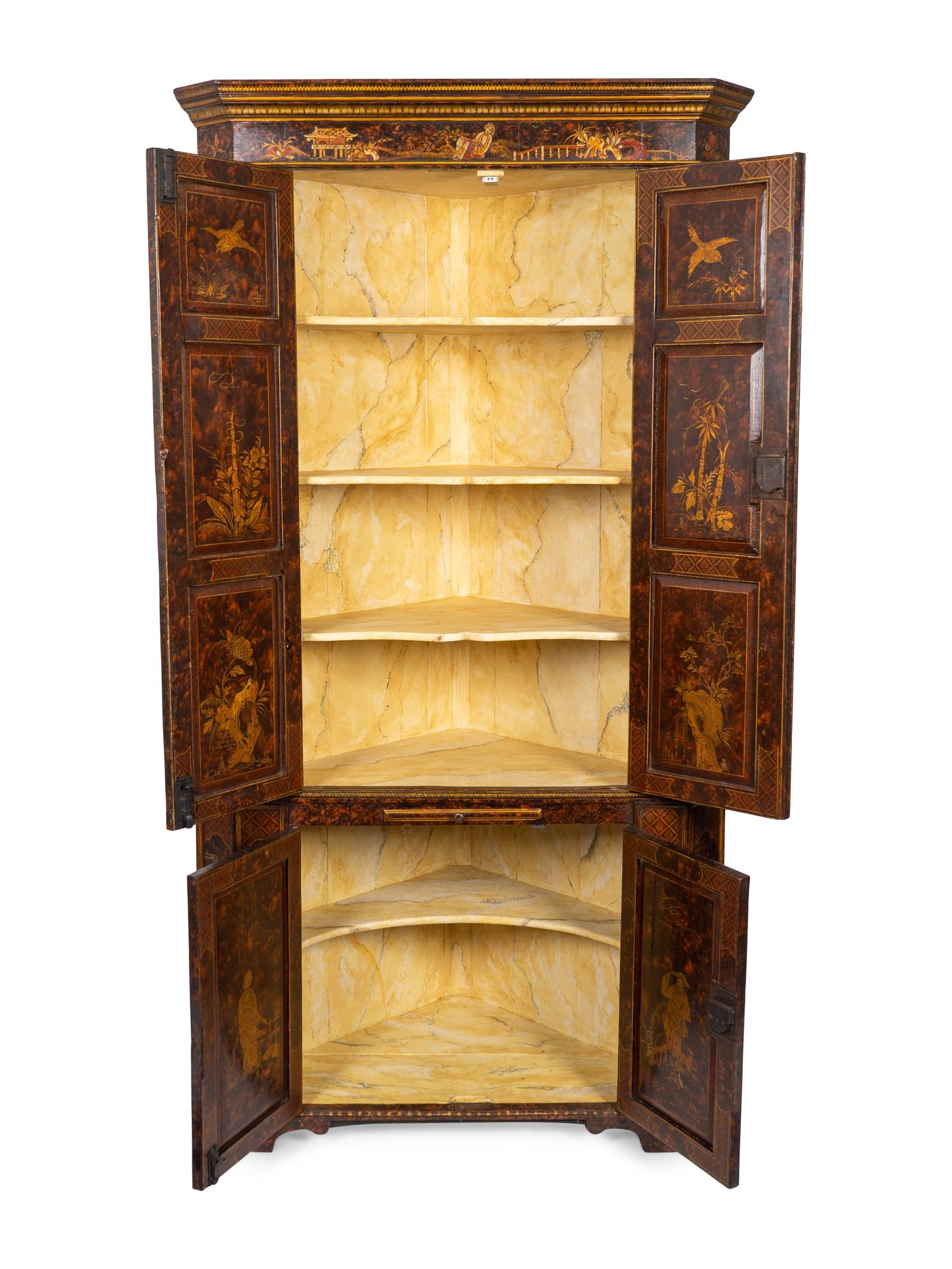 A George II Chinoiserie on Faux Tortoiseshell Decorated Corner Cabinet — 18TH/19TH CENTURY