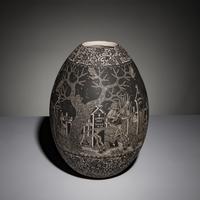 Hector Javier Martinez Mendez and Gabriela Perez de Martinez (Mata Ortiz, 20th century) — Black-on-Cream Sgraffito Pottery Jar, Remembering Artist Past - Night