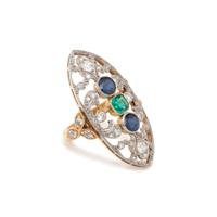 EMERALD, SAPPHIRE AND DIAMOND RING