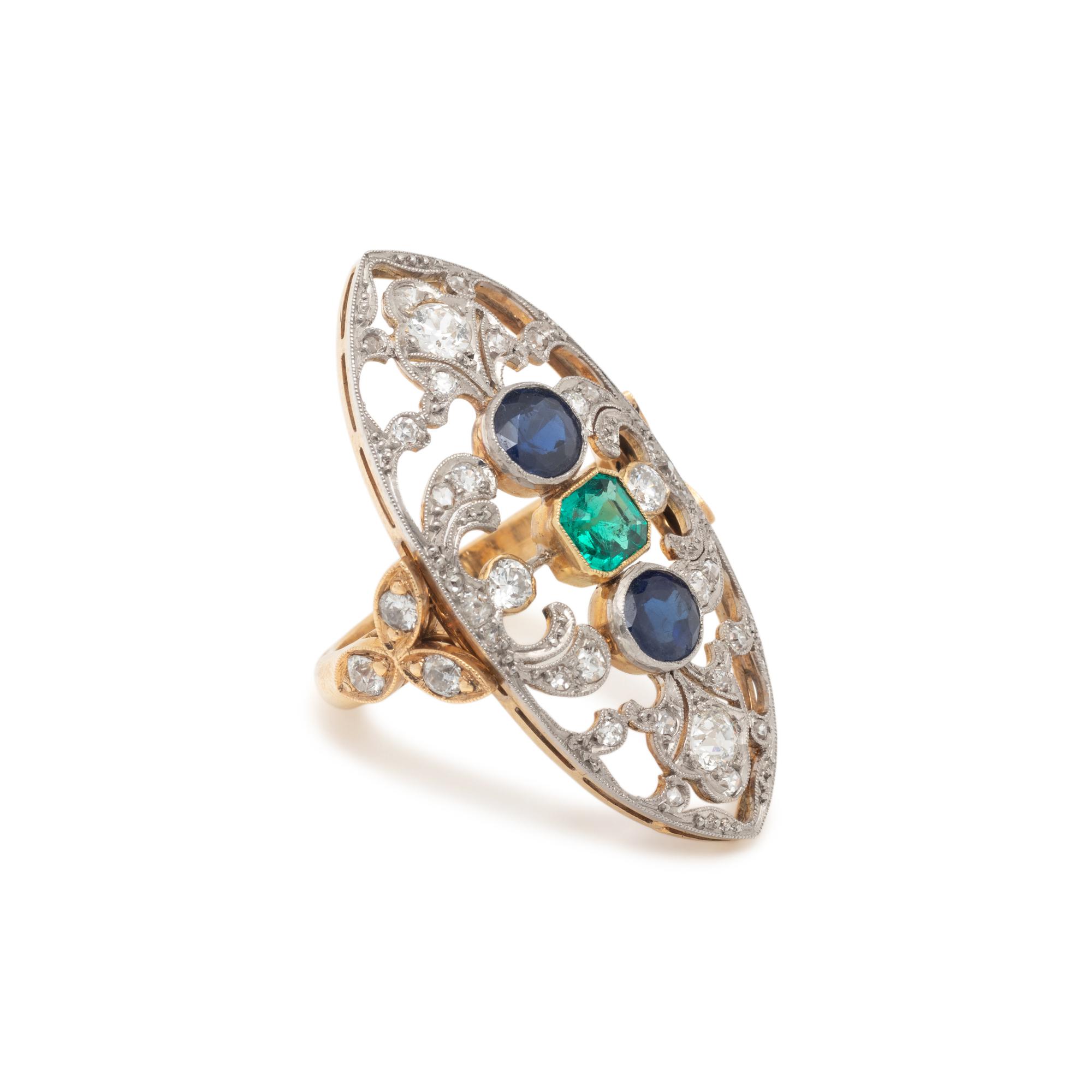 EMERALD, SAPPHIRE AND DIAMOND RING