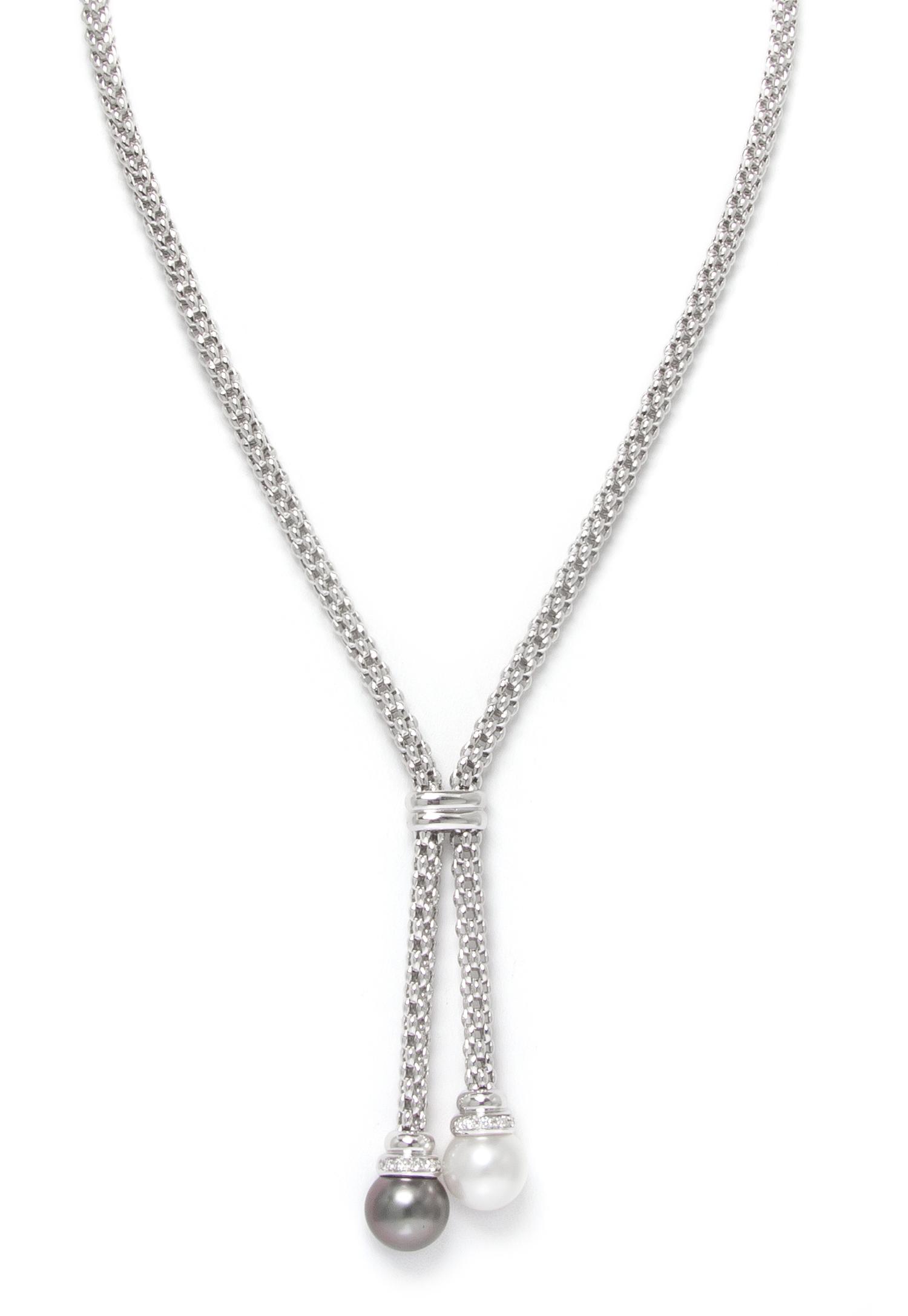 An 18 Karat White Gold, Cultured Pearl Necklace and Diamond Lariat Necklace, Fope, 21.90 dwts.