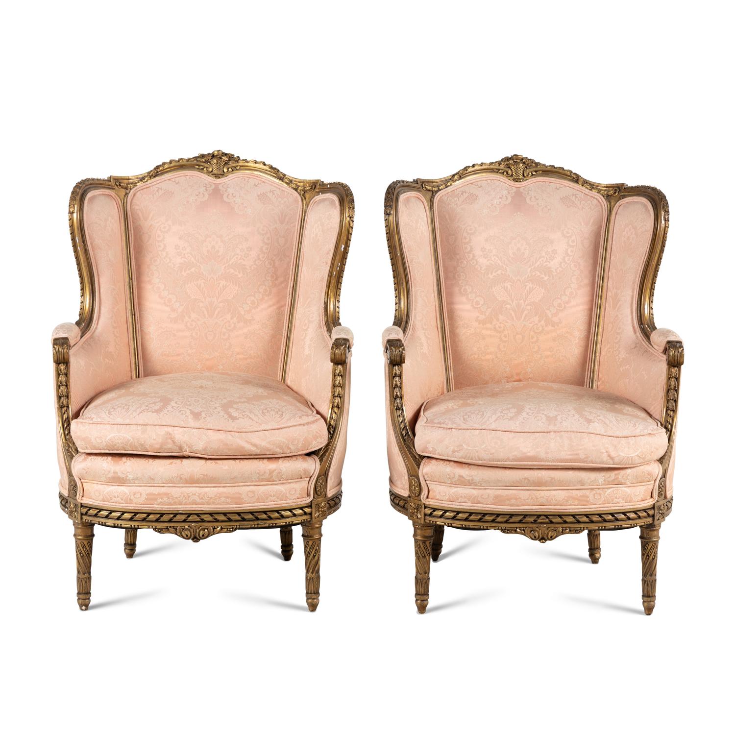 A Pair of Louis XVI Style Giltwood Bergères