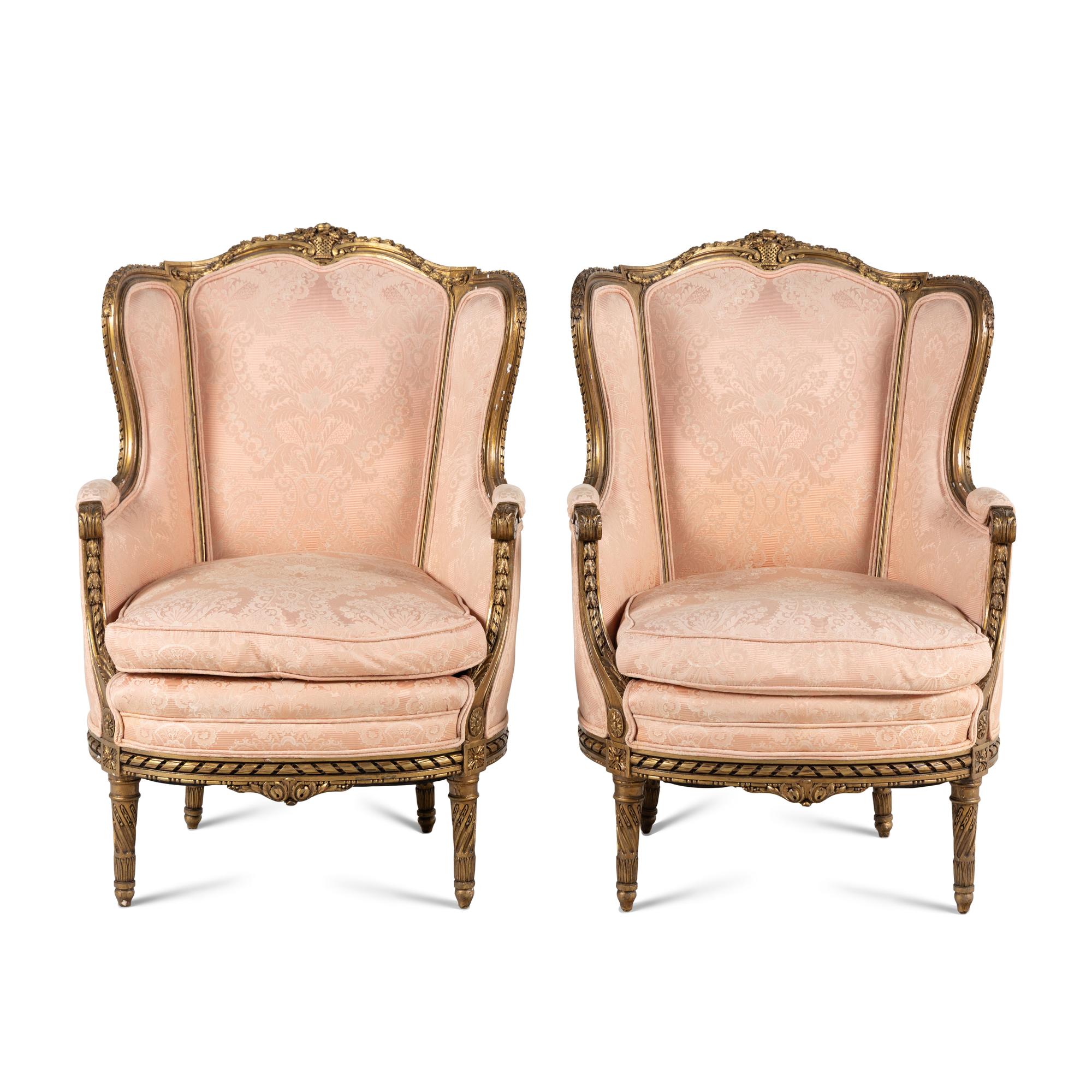 A Pair of Louis XVI Style Giltwood Bergères