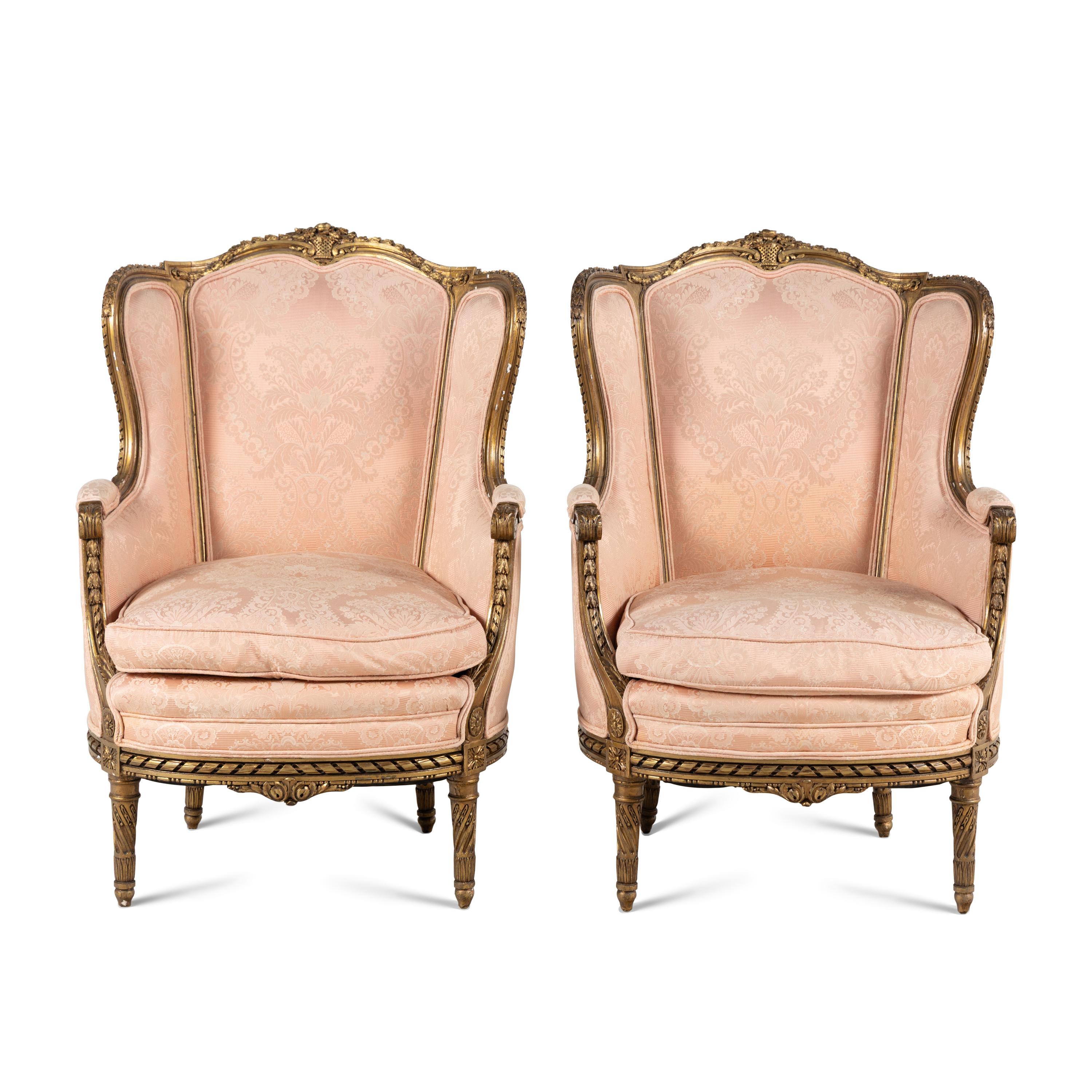 A Pair of Louis XVI Style Giltwood Bergères