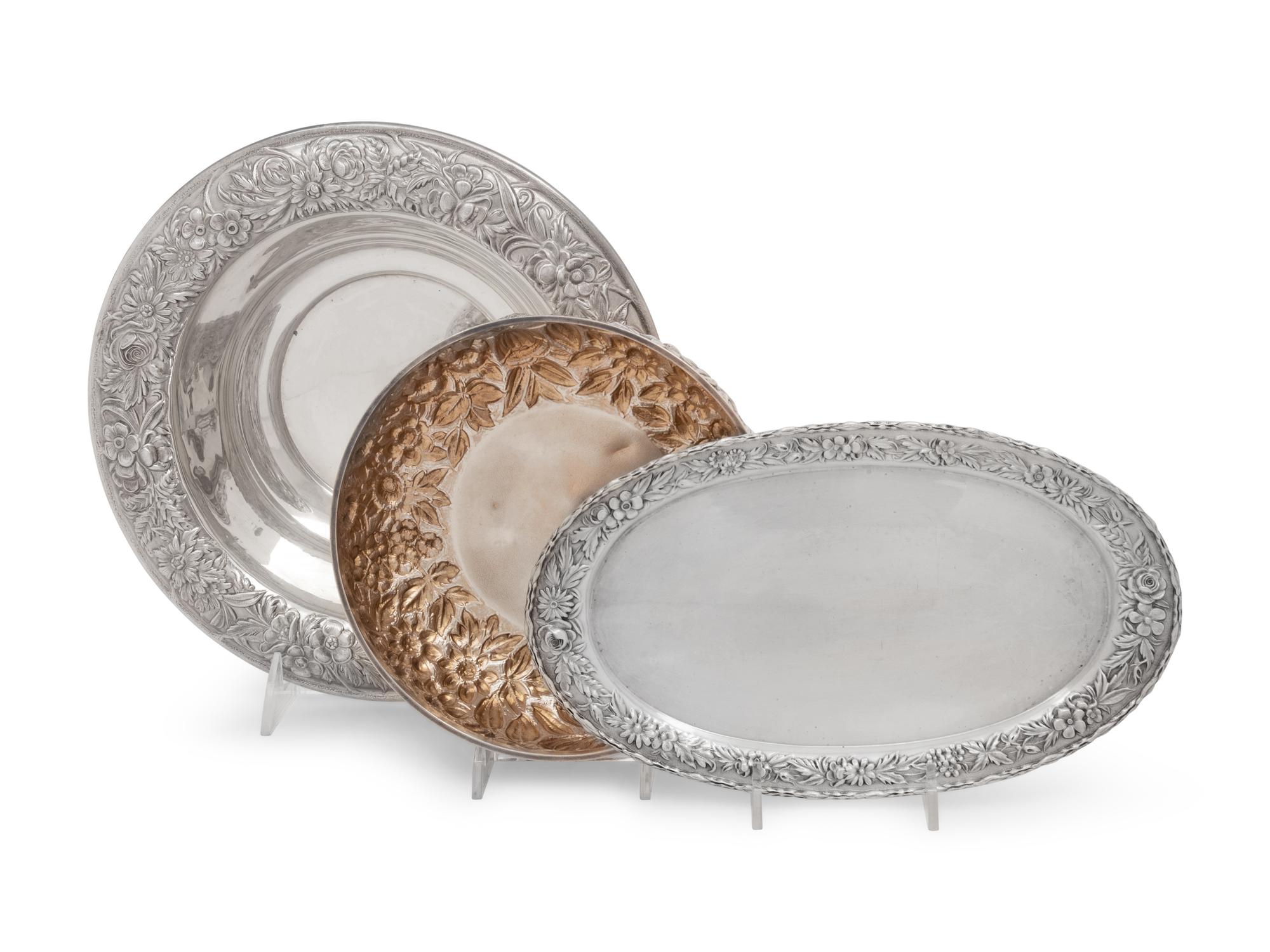 A Group of Three S. Kirk and Son Repousse Silver Dishes