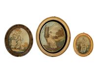 Three Continental Needlework and Silk Pictures in Gilt Frames