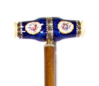 A French Enameled Monocular Mounted Cane, Height overall 33 1/4 x width of handle closed 5 5/8 inches.