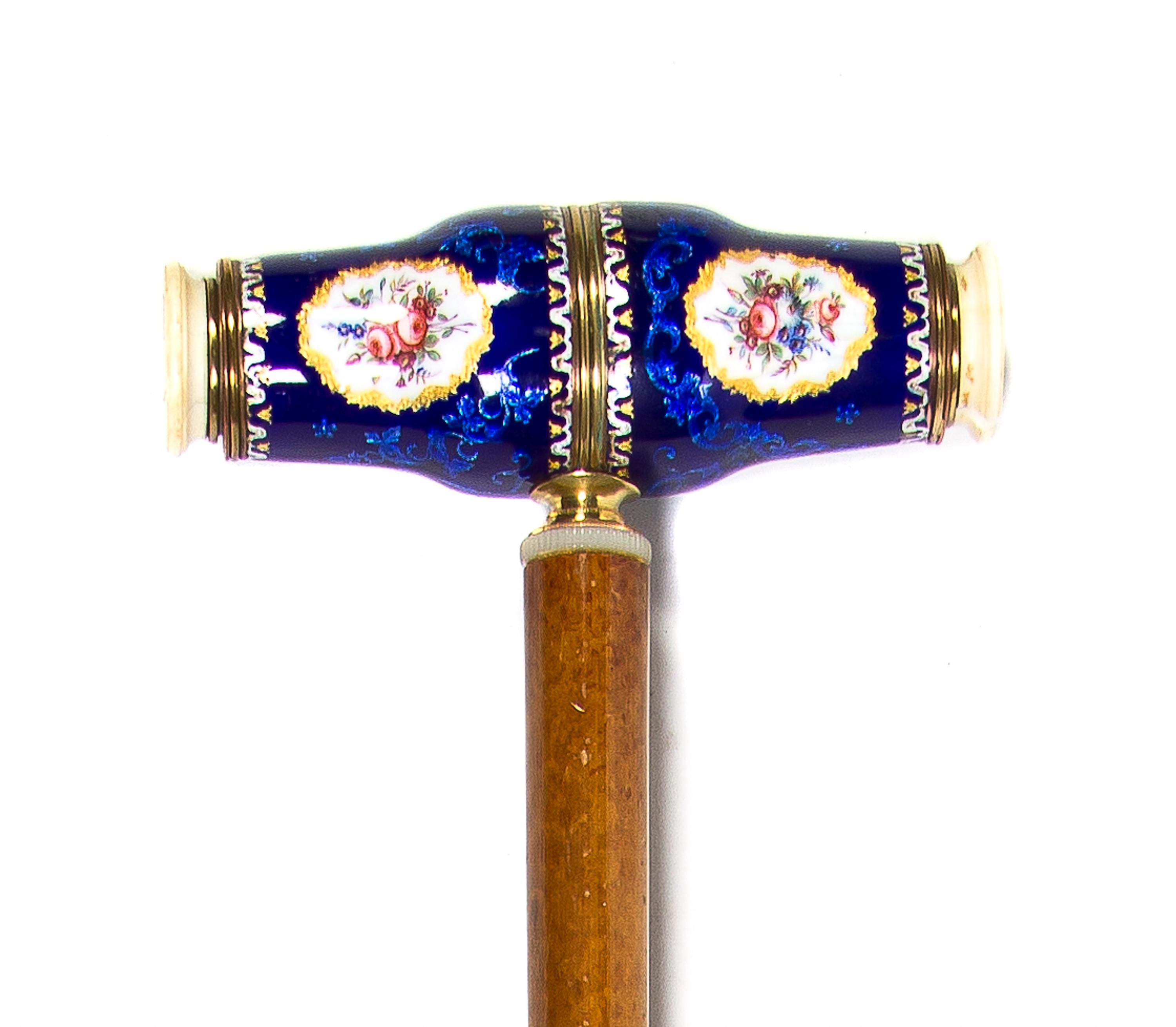 A French Enameled Monocular Mounted Cane, Height overall 33 1/4 x width of handle closed 5 5/8 inches.