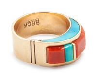 14k yellow gold ring with turquoise and coral inlay