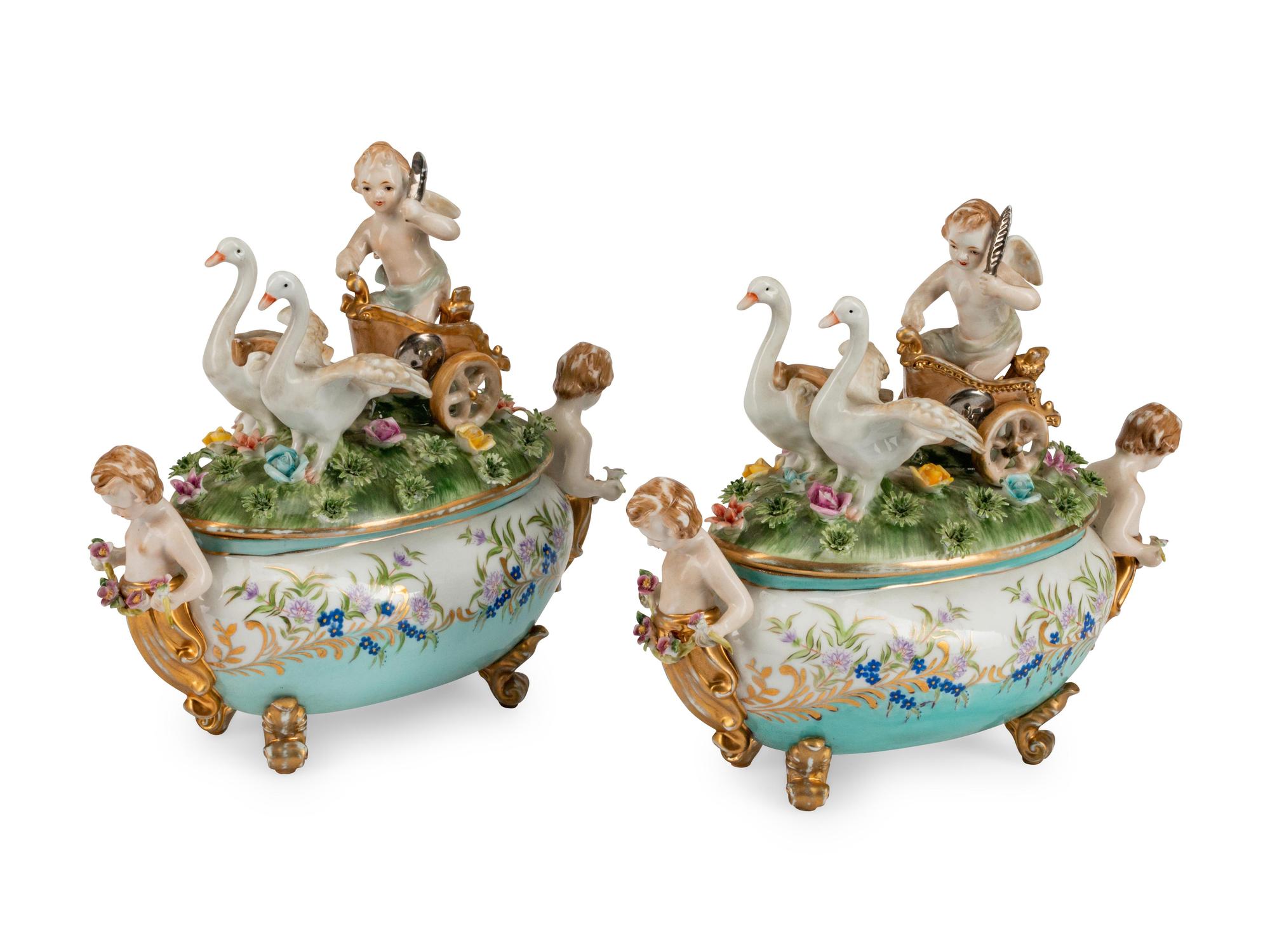 A Pair of Italian Porcelain Figural Covered Tureens