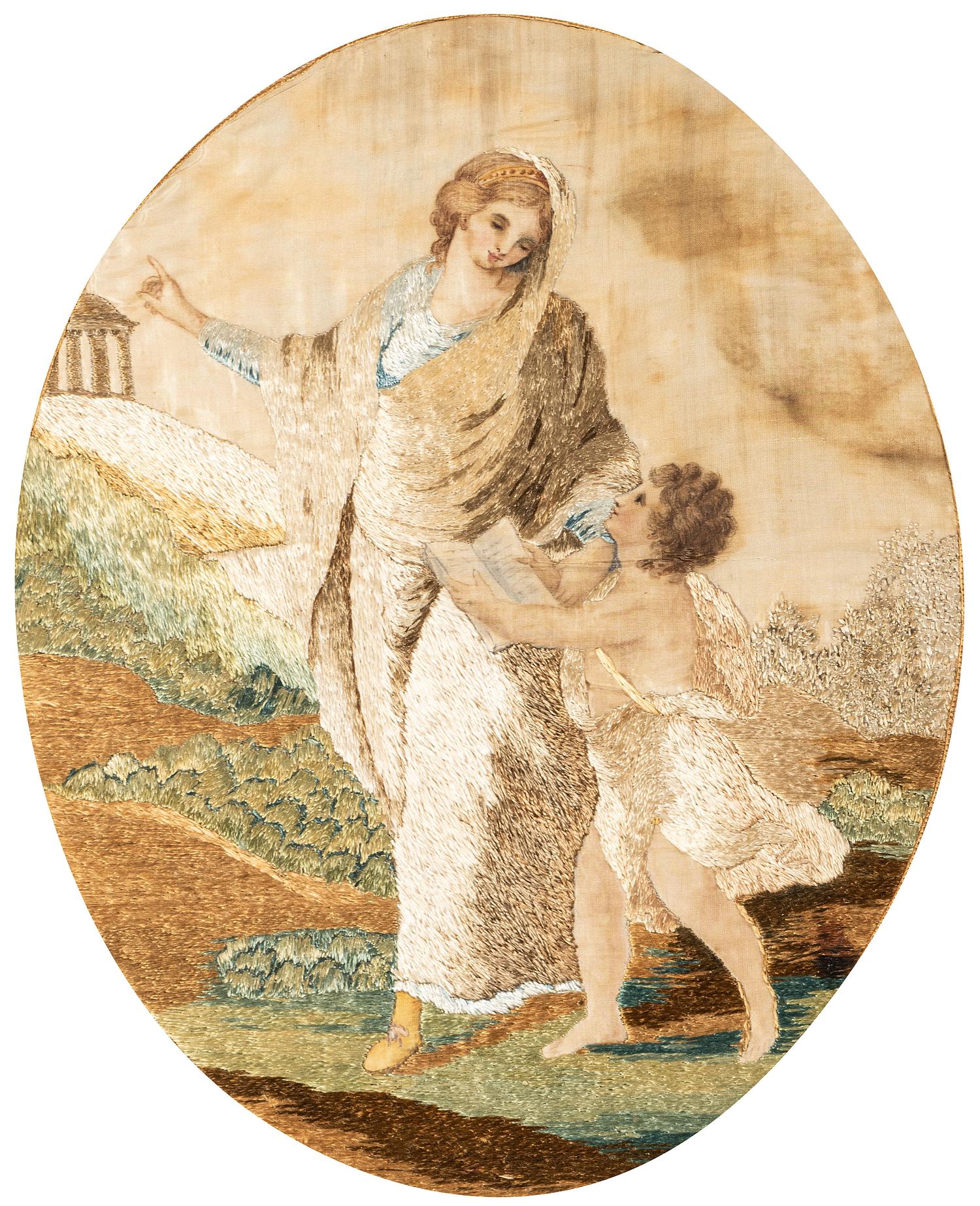 A Pair of Needlework Embroidered Pictures, Wrought by Sara Caroline Scovin