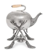 A Curling Stone-Form Silver-Plate Teapot on Stand