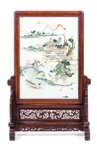 A Chinese Famille Rose Porcelain Inset Hardwood Table Screen