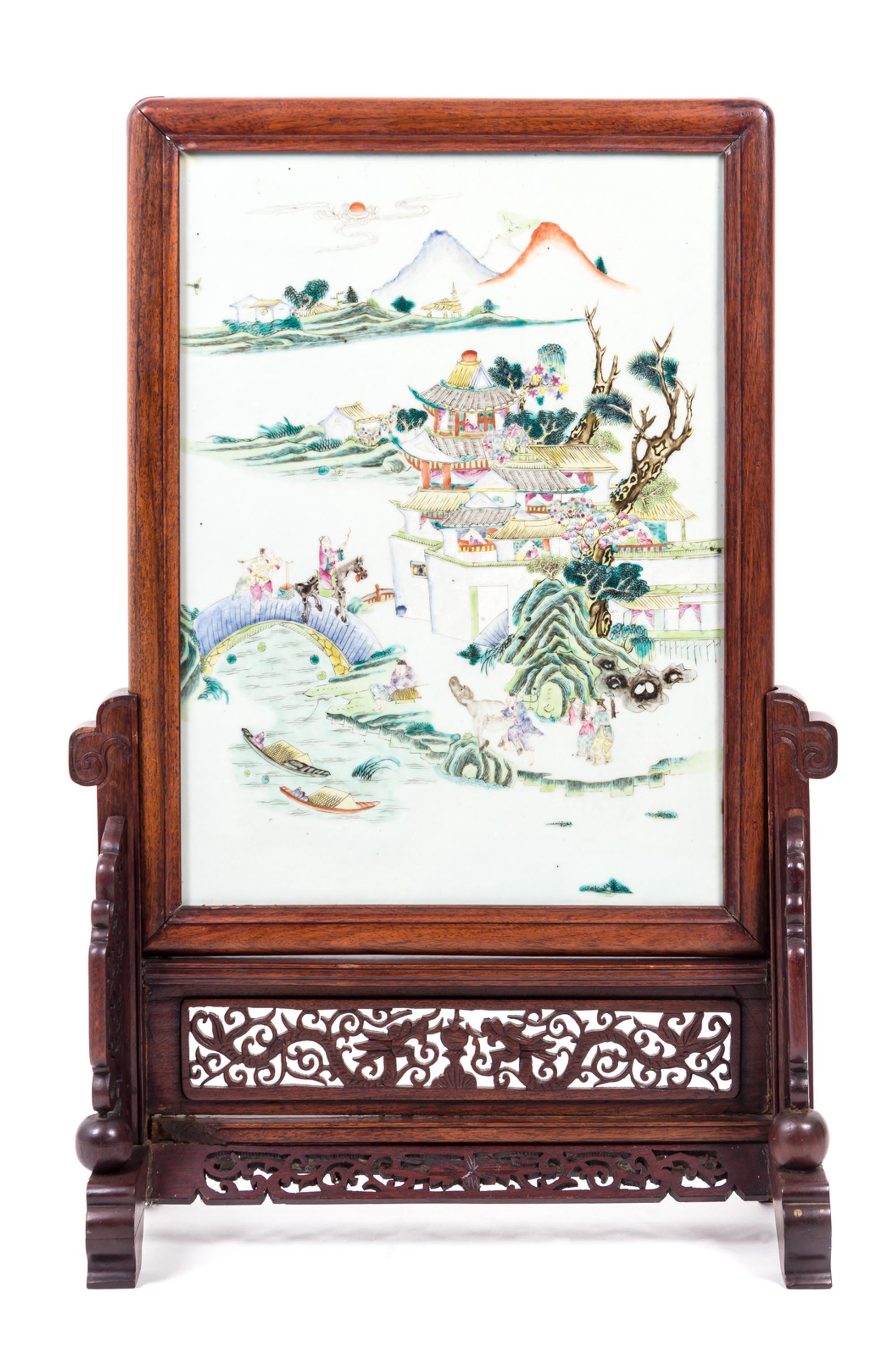 A Chinese Famille Rose Porcelain Inset Hardwood Table Screen