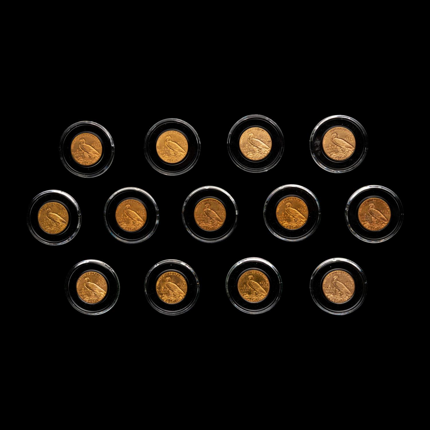 A Set of Thirteen Indian Head $2.50 Gold Coins