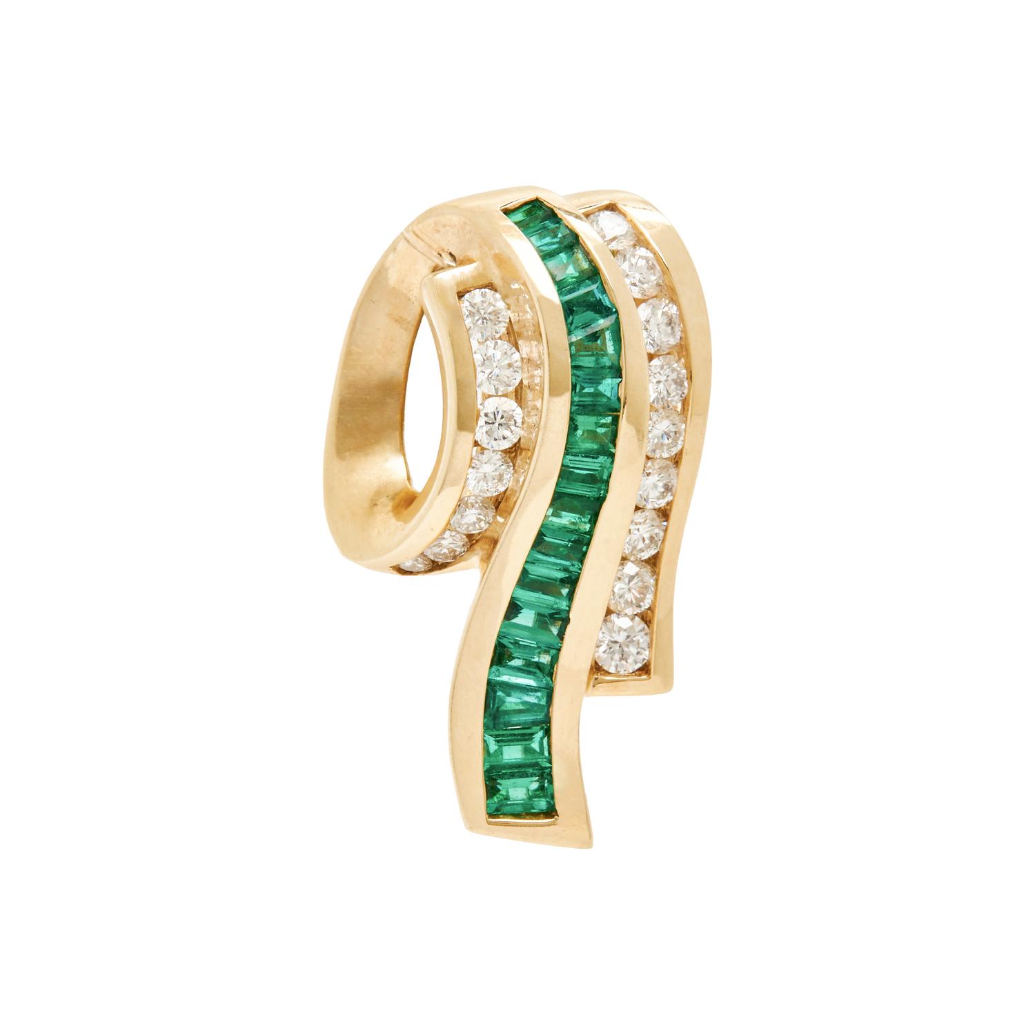 YELLOW GOLD, SYNTHETIC EMERALD, AND DIAMOND CLIP EARRINGS AND SLIDER CHARM