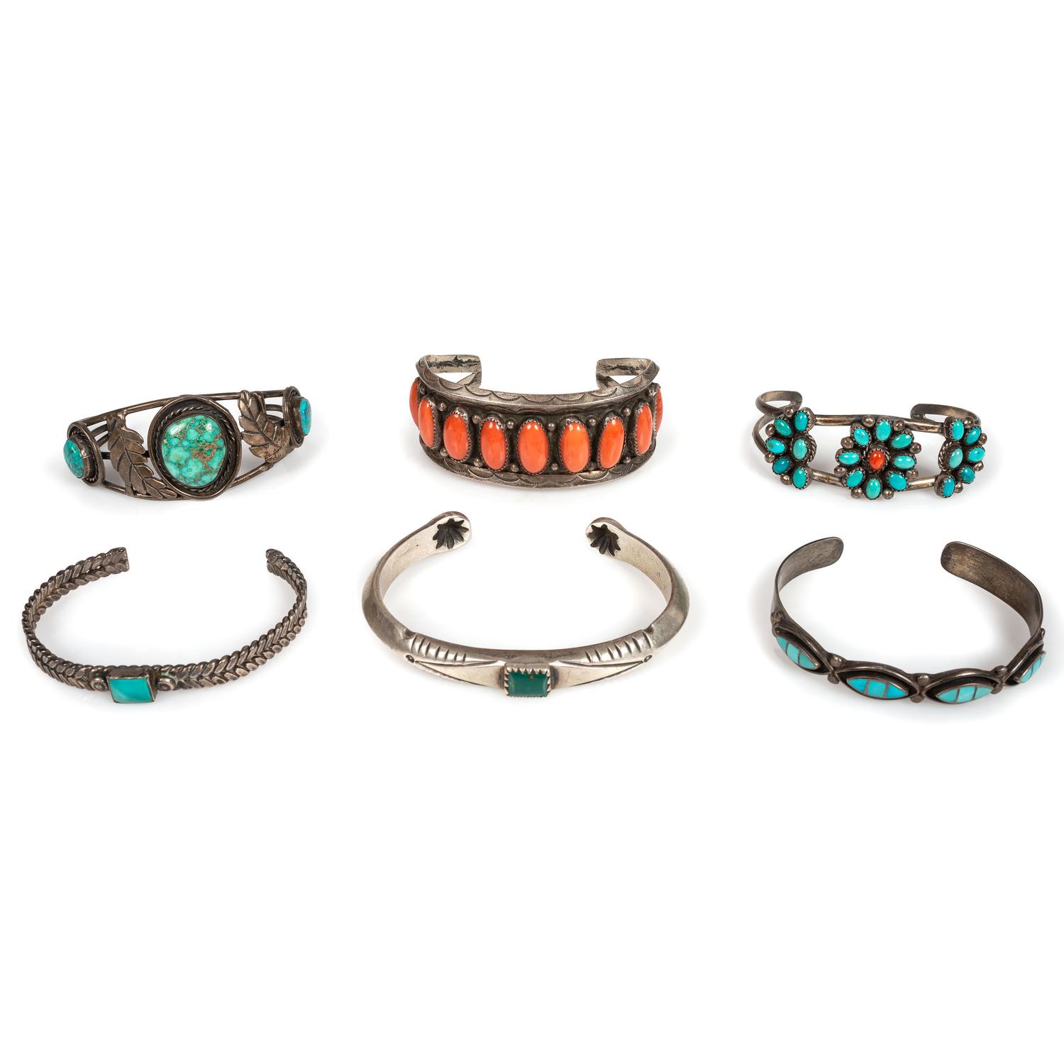 Navajo and Zuni Silver Cuff Bracelets, with Inlay
