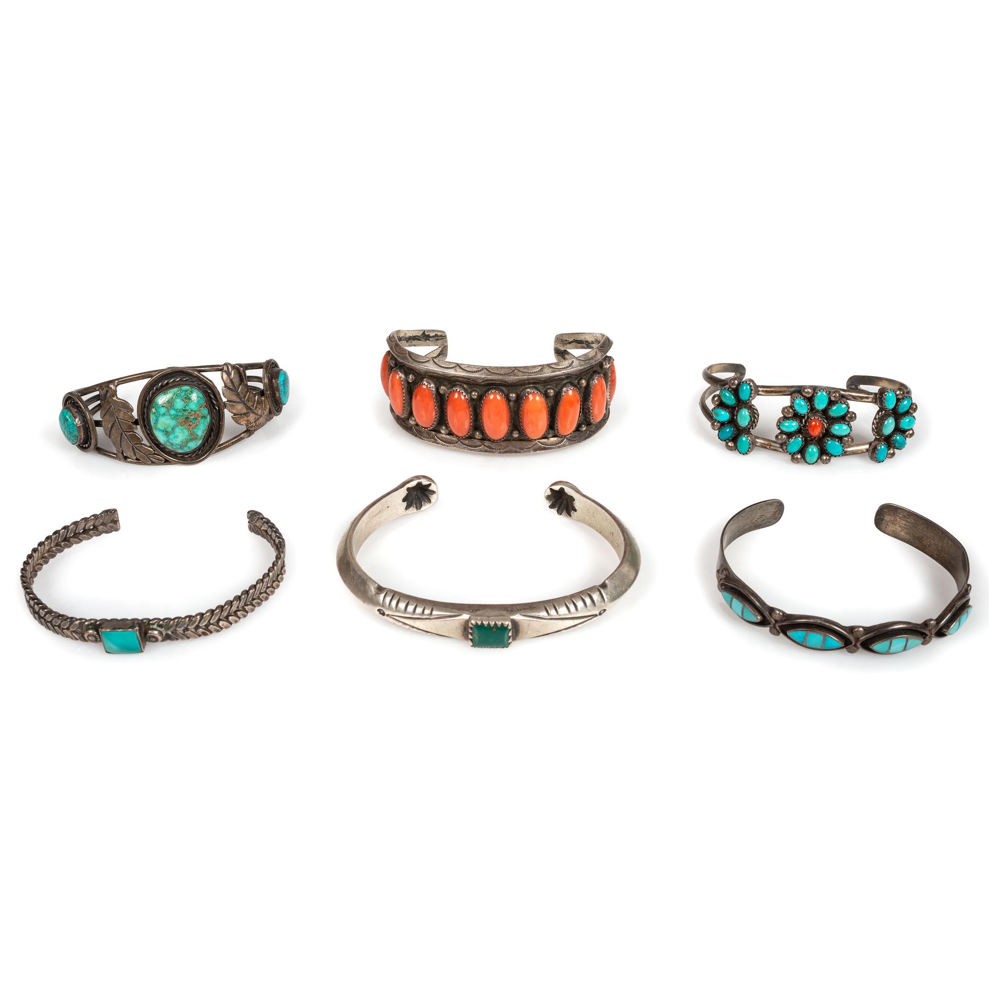 Navajo and Zuni Silver Cuff Bracelets, with Inlay