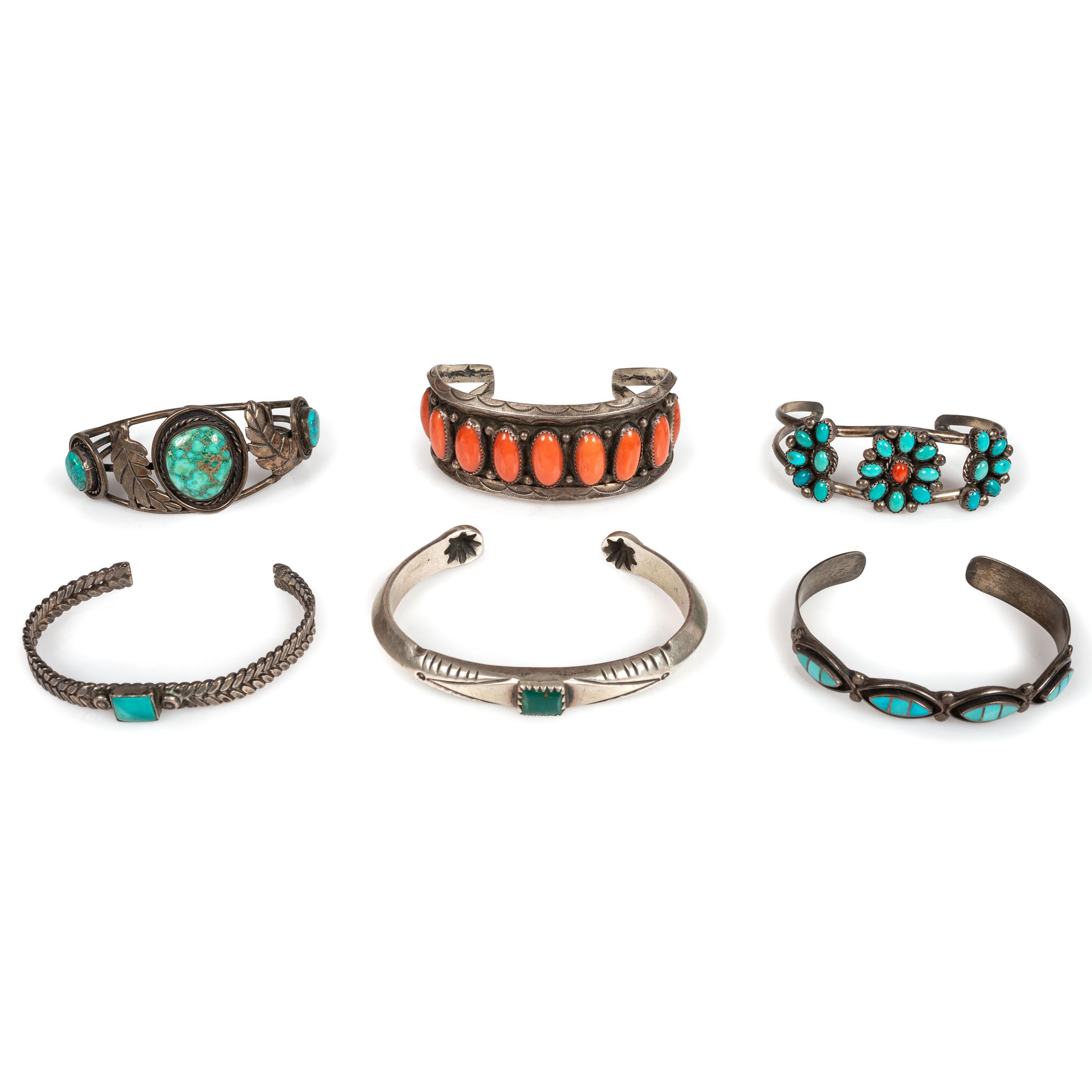 Navajo and Zuni Silver Cuff Bracelets, with Inlay