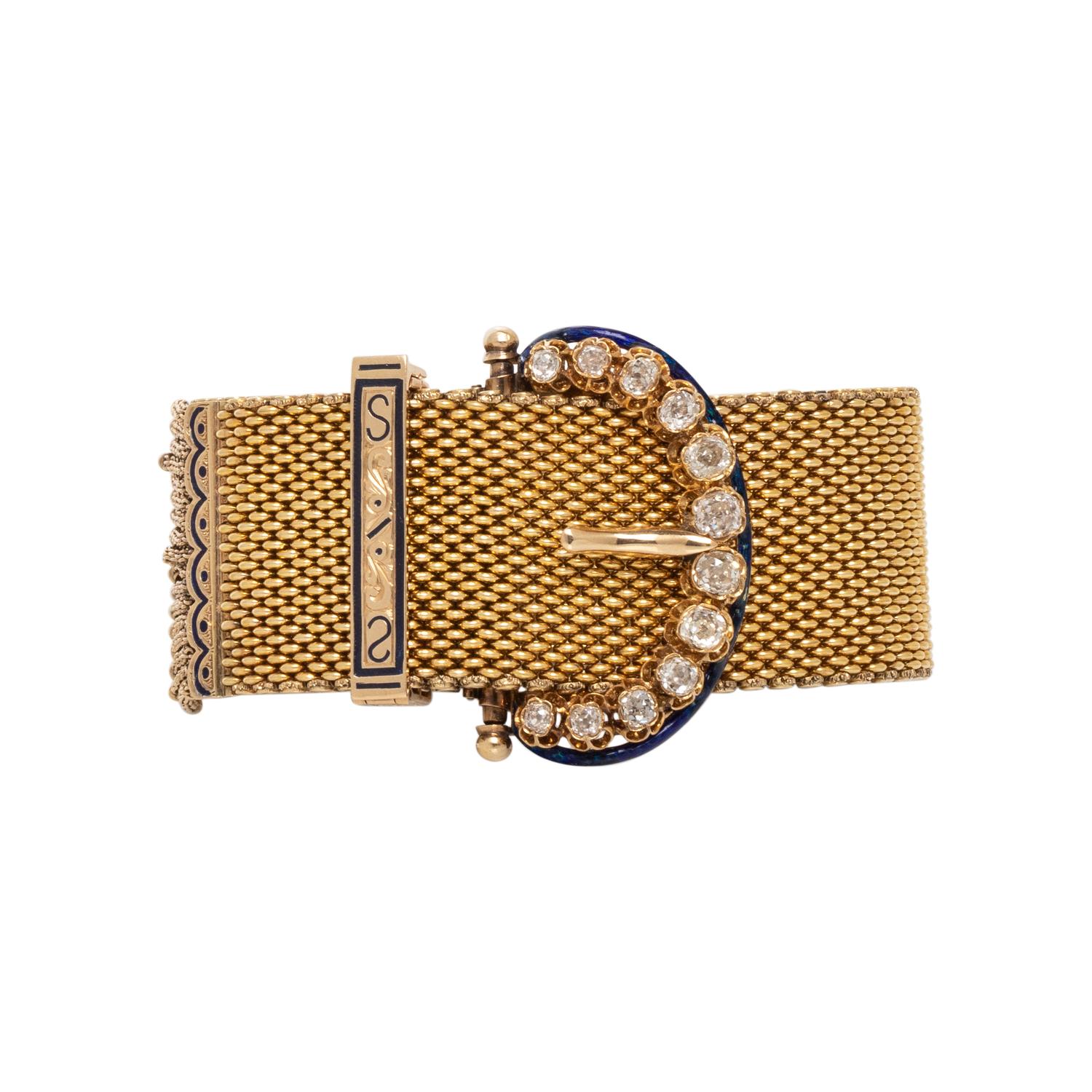 ANTIQUE, YELLOW GOLD, DIAMOND AND ENAMEL TASSEL BUCKLE BRACELET