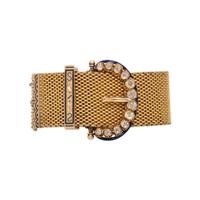 ANTIQUE, YELLOW GOLD, DIAMOND AND ENAMEL TASSEL BUCKLE BRACELET