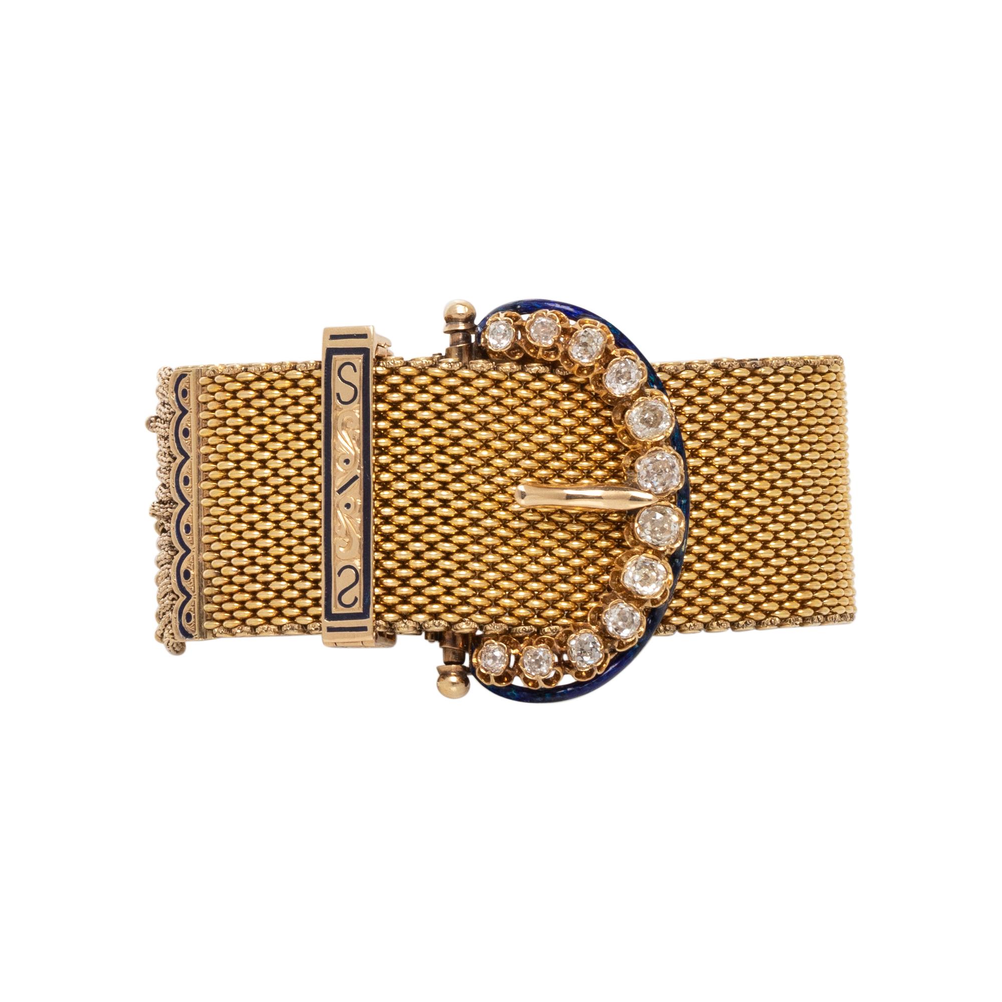 ANTIQUE, YELLOW GOLD, DIAMOND AND ENAMEL TASSEL BUCKLE BRACELET