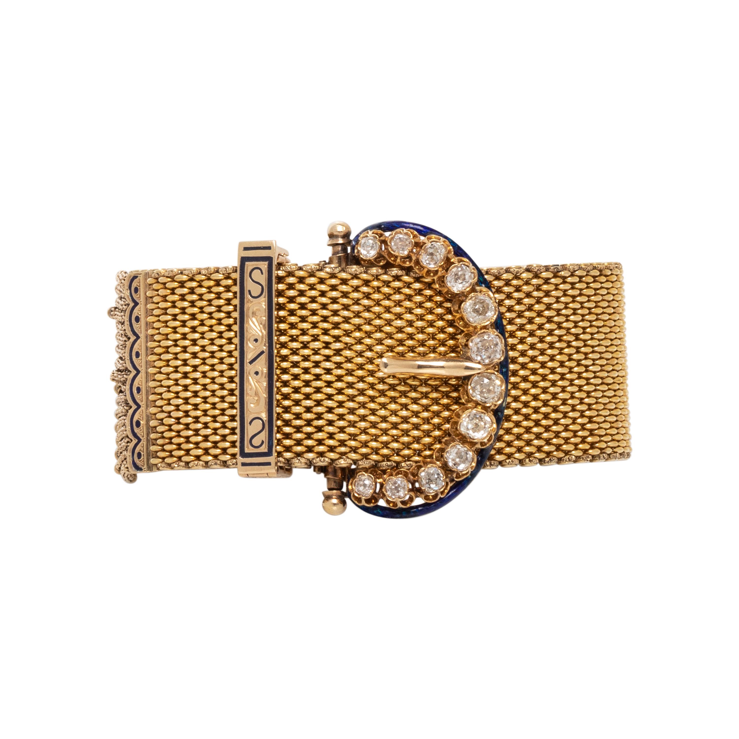 ANTIQUE, YELLOW GOLD, DIAMOND AND ENAMEL TASSEL BUCKLE BRACELET