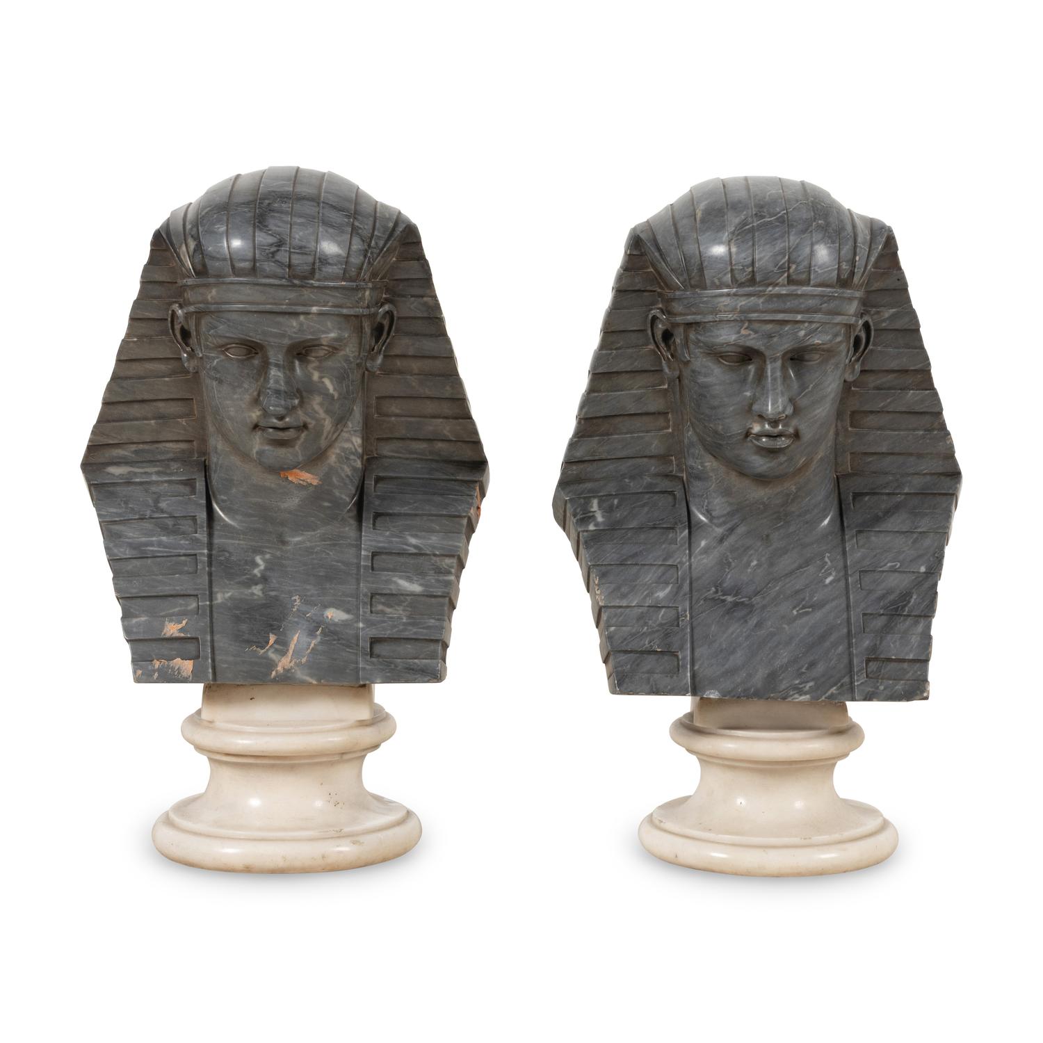 A Pair of Egyptian Revival Grey Variegated Marble Busts of Antinous