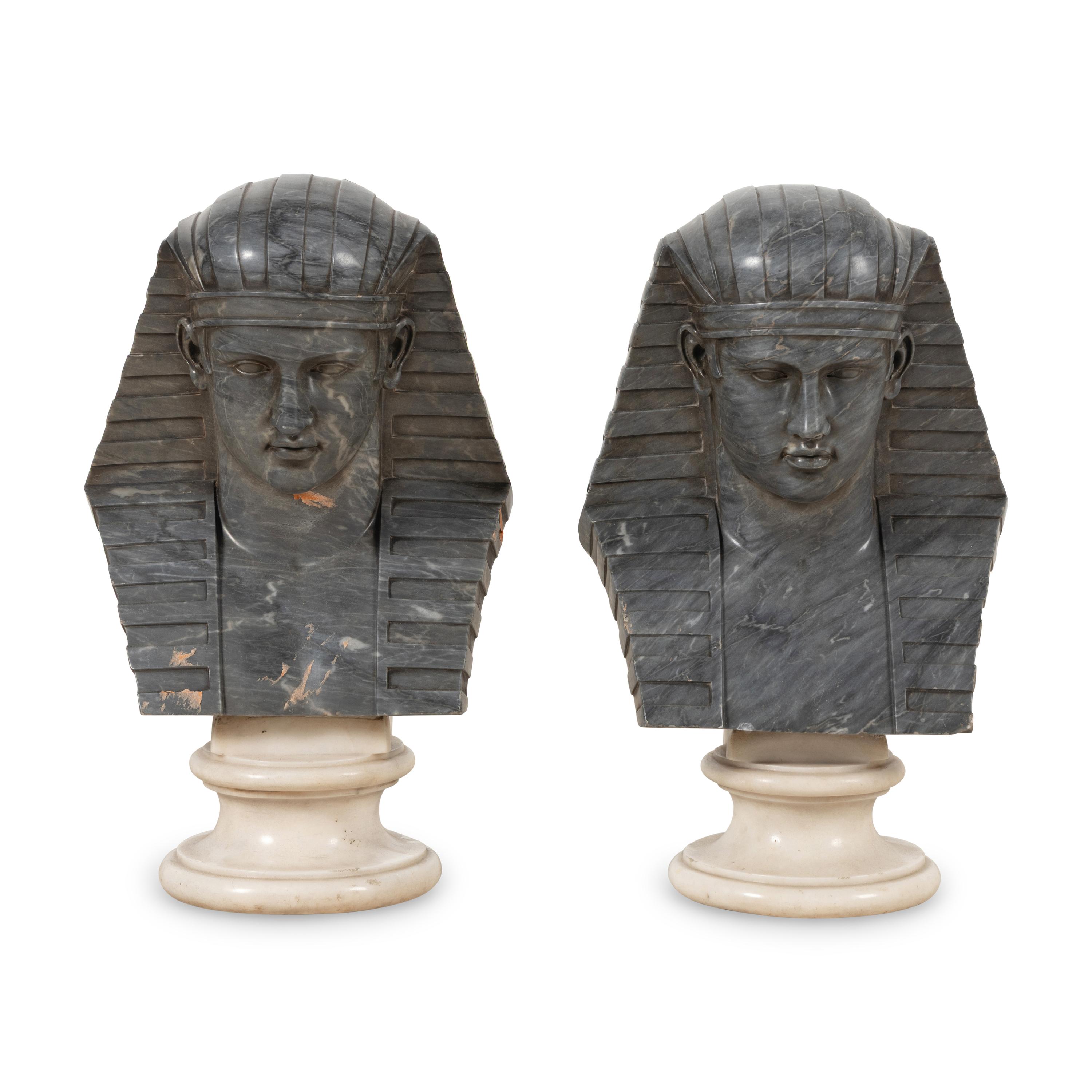 A Pair of Egyptian Revival Grey Variegated Marble Busts of Antinous