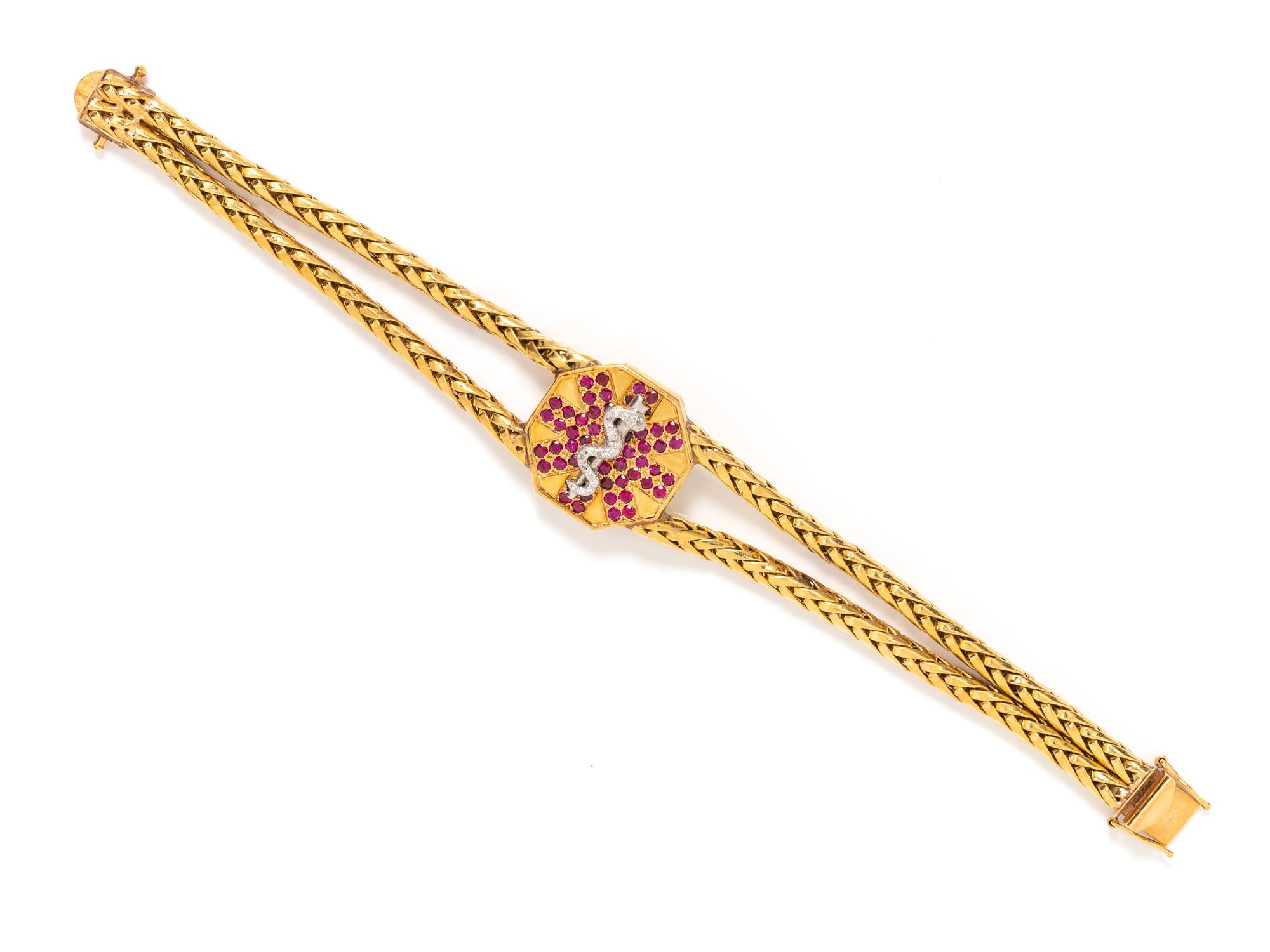 YELLOW GOLD, DIAMOND AND RUBY MEDIC ALERT BRACELET
