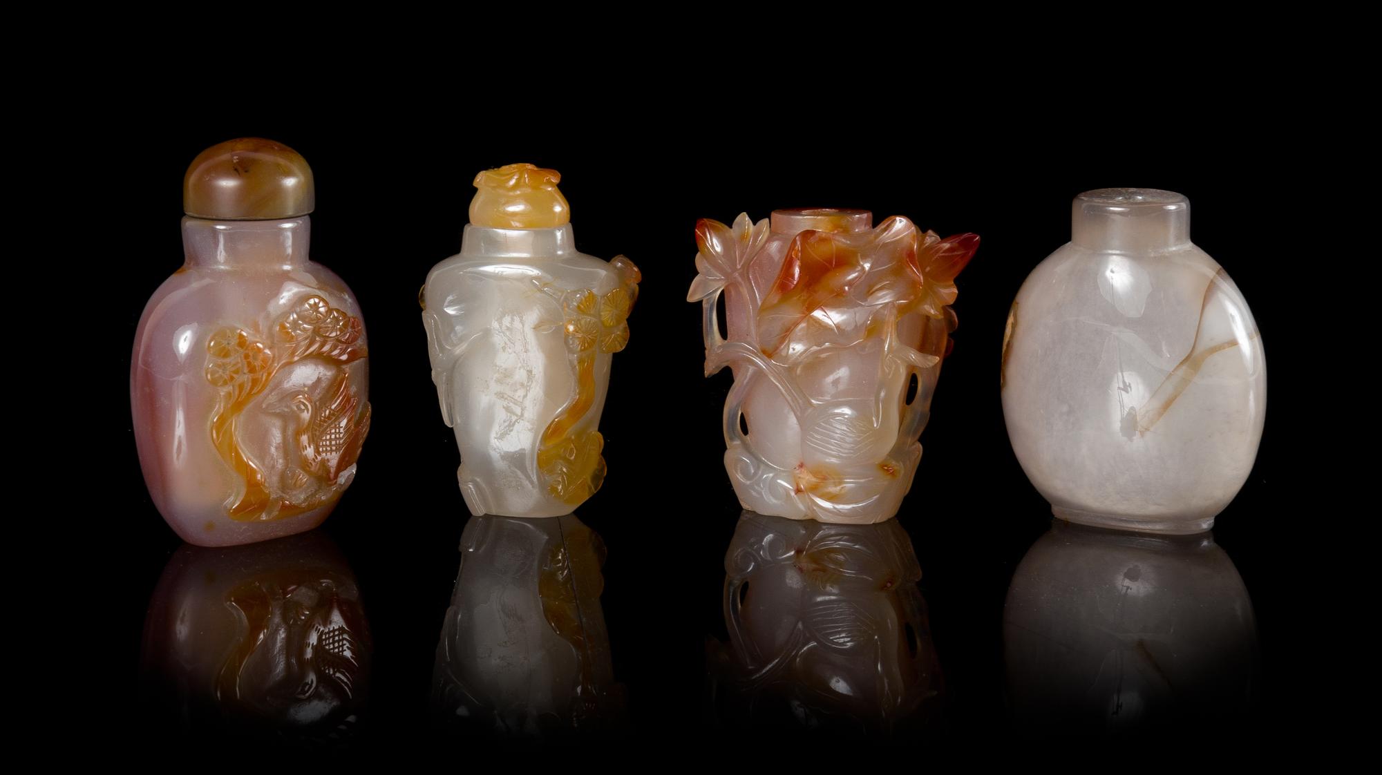 Four Carved Agate Snuff Bottels Height of tallest 3 3/8 inches. — 19TH-EARLY 20TH CENTURY