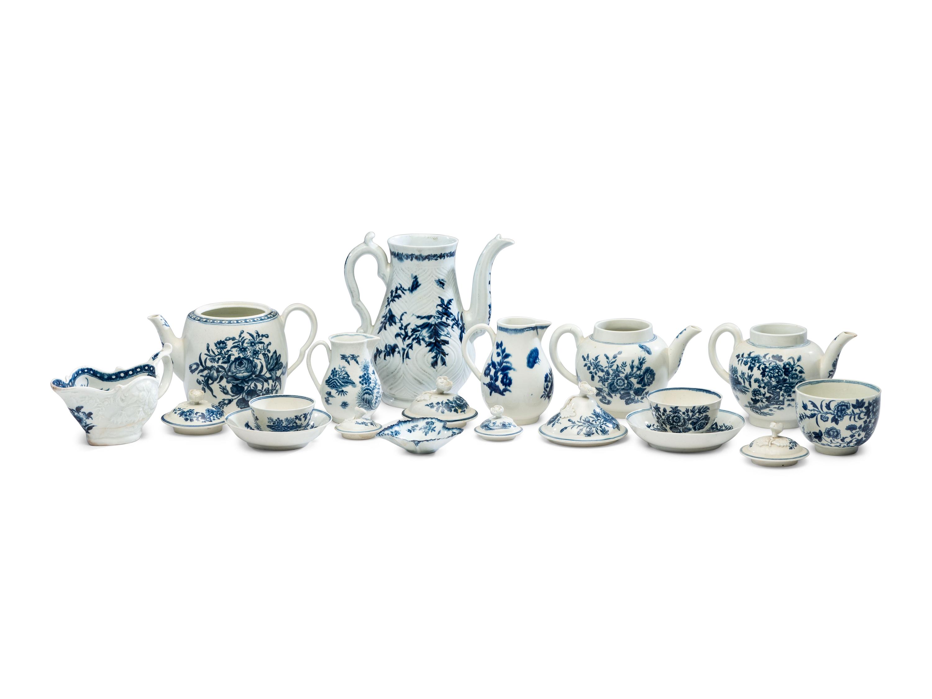 An Assembled Collection of Dr. Wall Period Worcester Cobalt Decorated Porcelain Table Articles