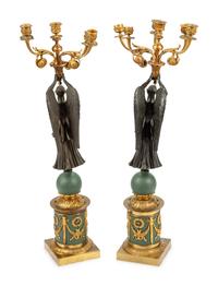A Pair of Empire Style Gilt and Patinated Bronze and Tôle Six-Light Candelabra