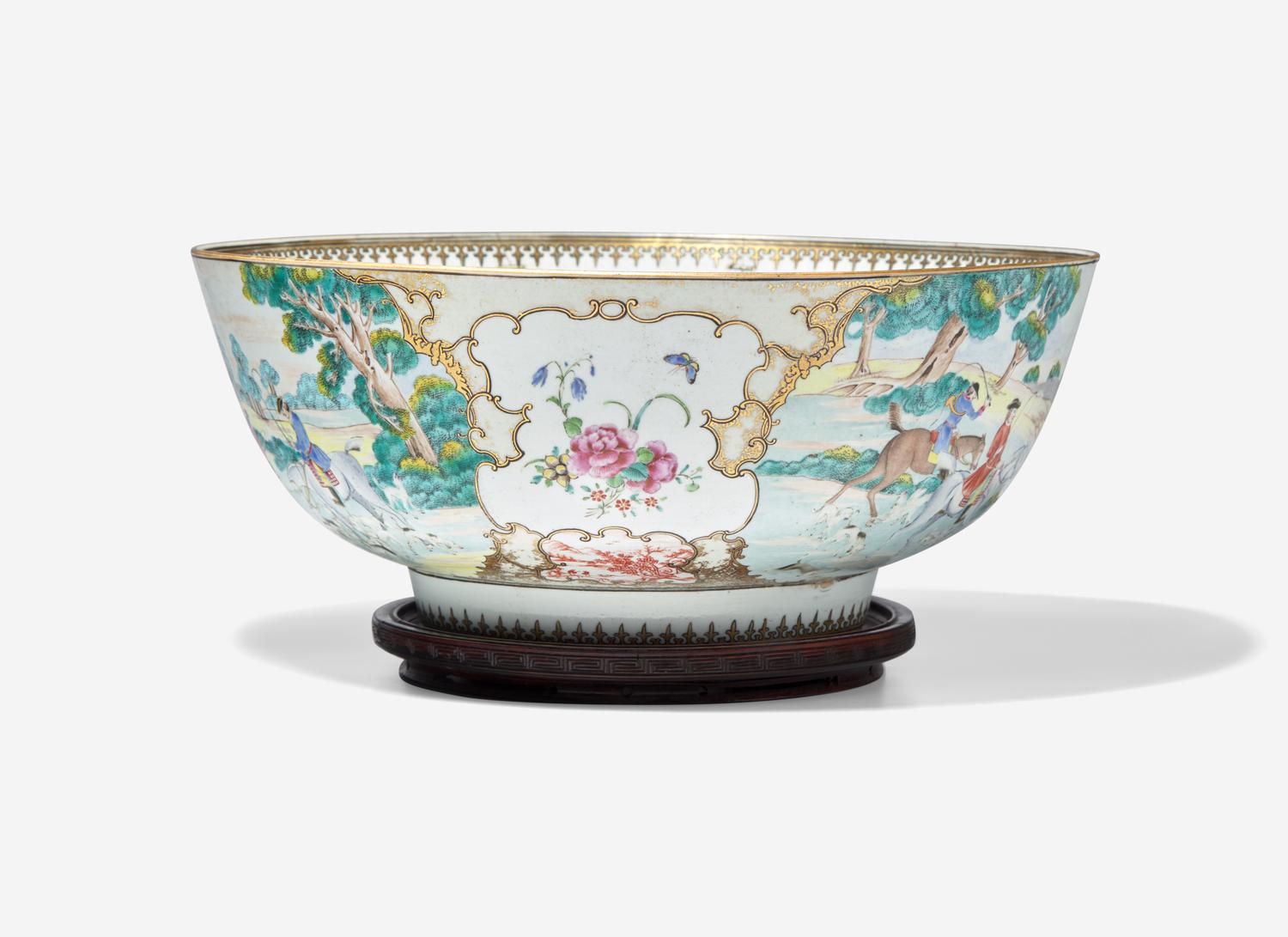 A Chinese Export Porcelain Famille Rose 'Hunt' Punch Bowl